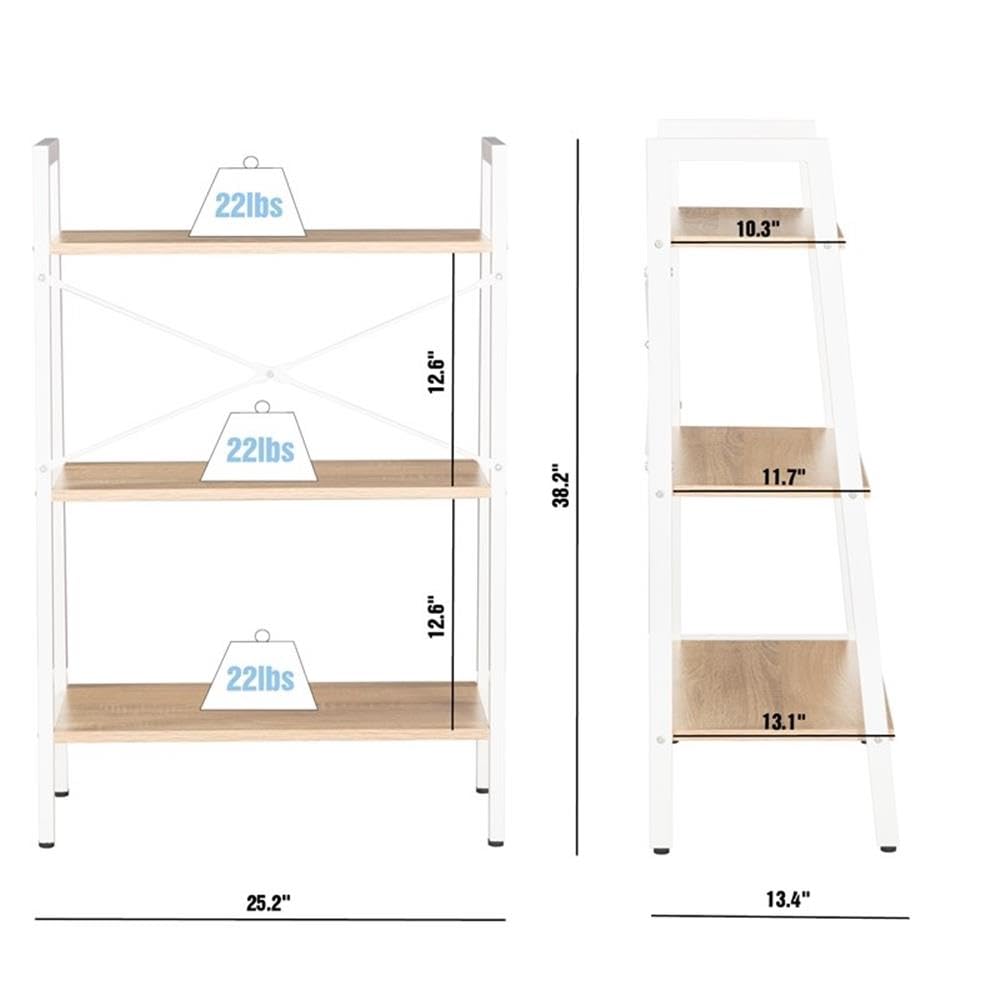 JJS Industrial 3-Tier Bookshelf - Rustic Freestanding Bookcase Storage Shelf for Home Office & Living Room | Oak/White Finish | Perfect for Organizing Books, Plants & Decorative Items