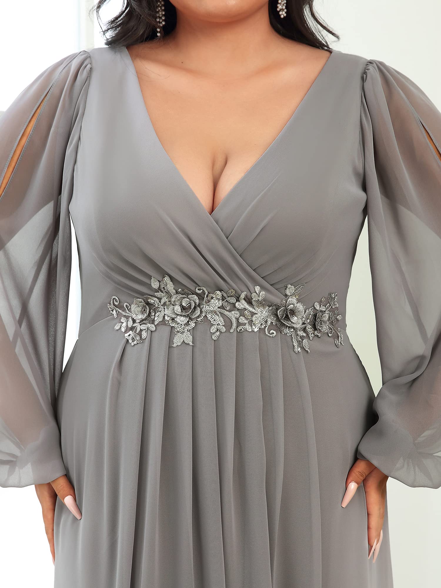 Ever-Pretty Plus Size Women's Formal Dress - V-Neck Floor Length Gown with Lantern Sleeves & Floral Applique for Curvy Women | Wedding Guest, Prom, Evening Party, Special Occasion