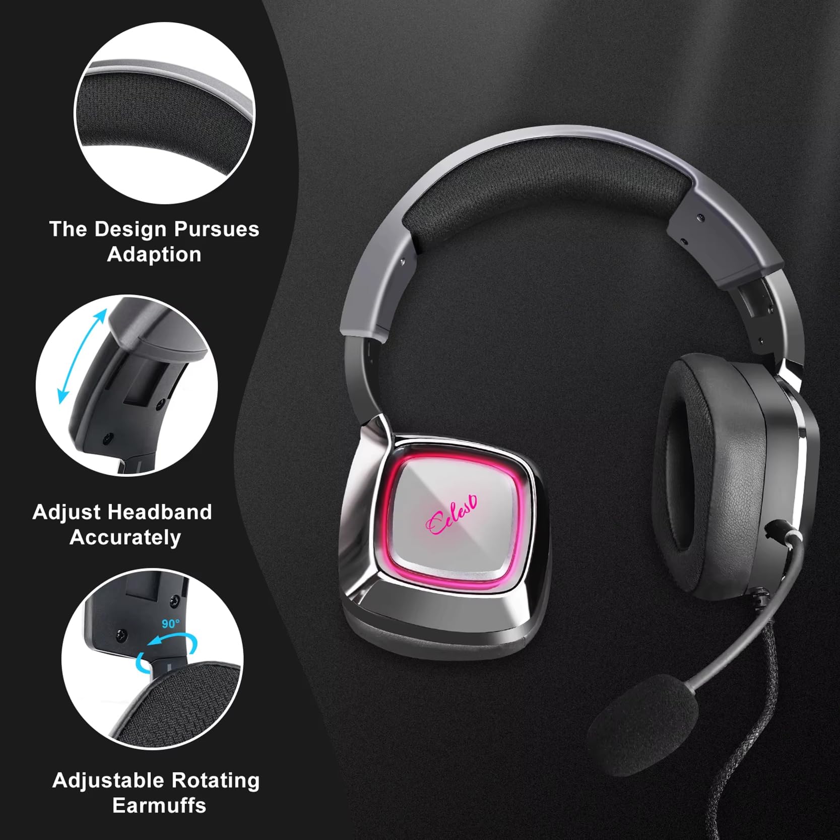 QOA Kinera Gaming Headset with Microphone - 7.1 Surround Sound Wired Over-Ear Headphones for PC, Xbox, PS4, PS5, Switch - Soft Ear Pads & Cool LED Lights - Perfect for Competitive Gaming & Streaming