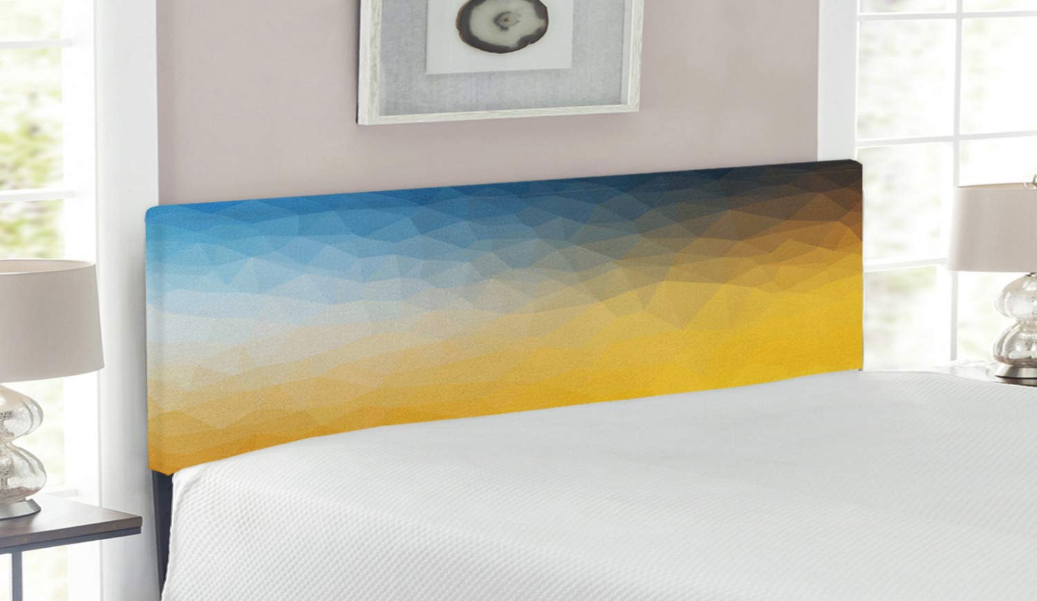 Ambesonne Yellow and Blue Upholstered Headboard - Abstract Polygon Fractal Gradient Geometric Design, Memory Foam Queen Size Bed Headboard in Slate Blue & Marigold | Perfect for Modern Bedroom Decor & Guest Room Styling