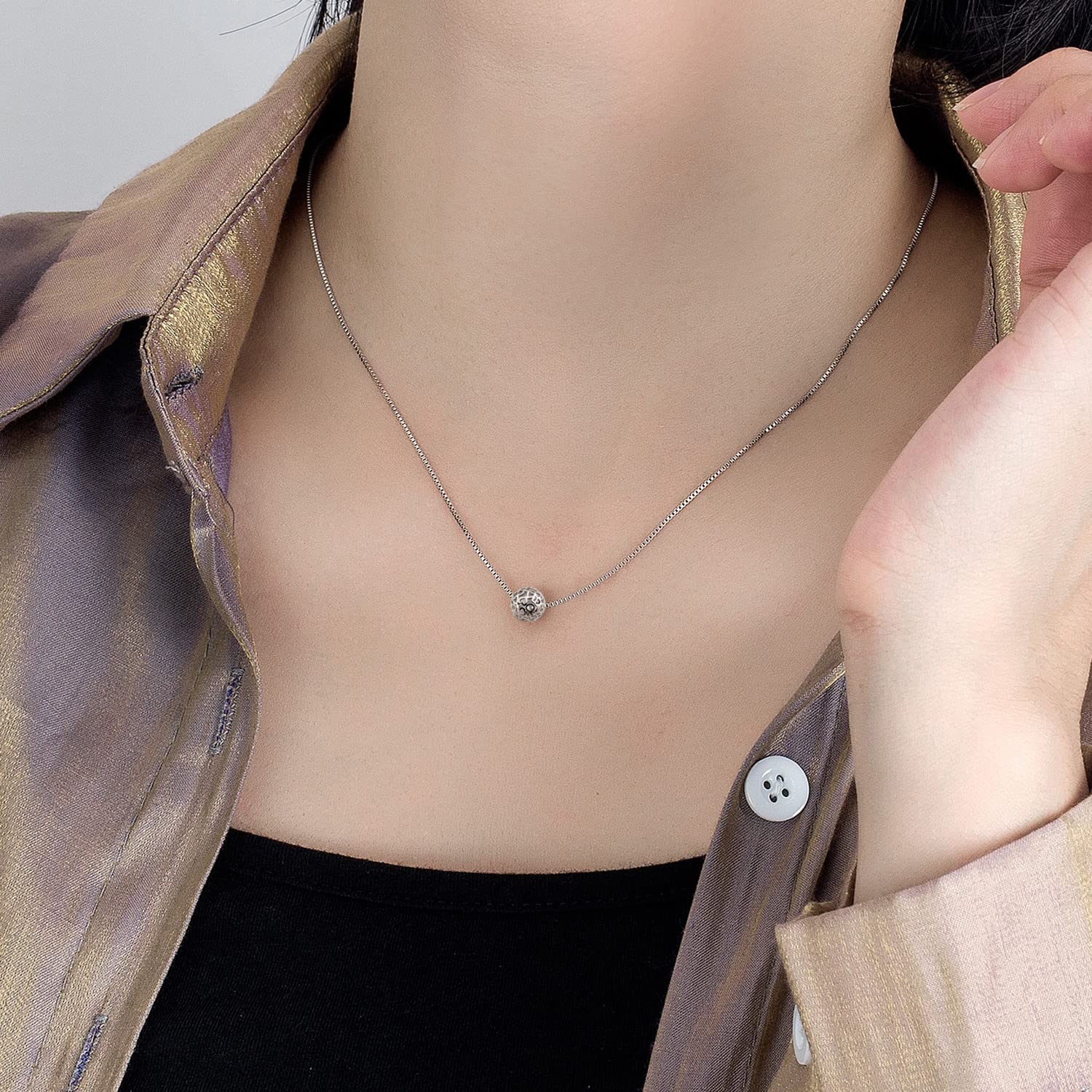 925 Sterling Silver Women's Necklace - Hollow Ball Pendant Choker with Box Chain (17