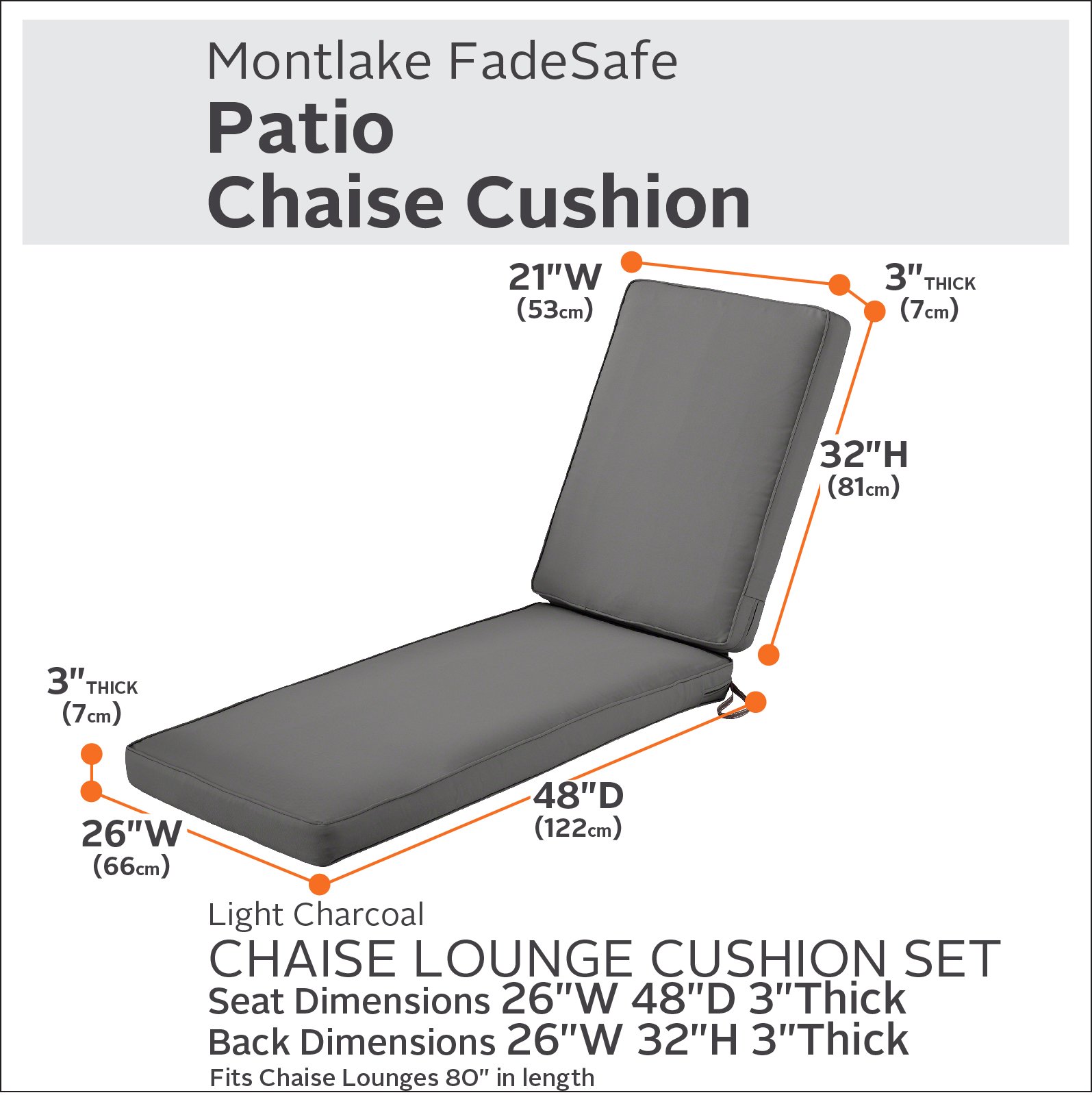 Classic Accessories Montlake 80x26 Outdoor Chaise Lounge Cushion - FadeSafe, Water-Repellent, Light Charcoal - Perfect for Patio, Poolside, and Garden Relaxation
