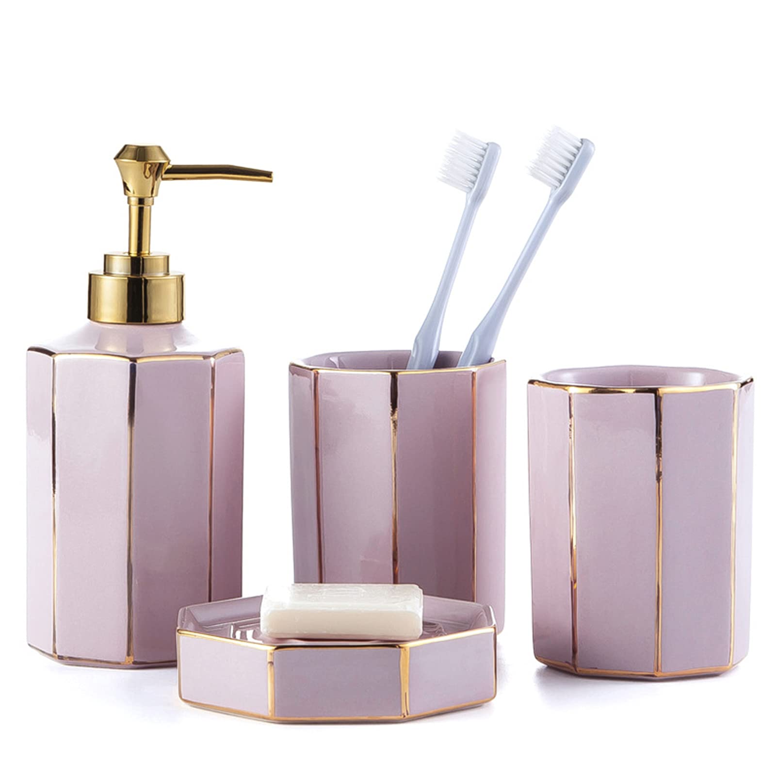 Ceramic 4-Piece Bathroom Set - Soap Dispenser, Soap Dish & Toothbrush Cup with Golden Decoration (Pink) - Elegant Bathroom Accessories for Home Decor, Housewarming Gift & Spa Style Organization