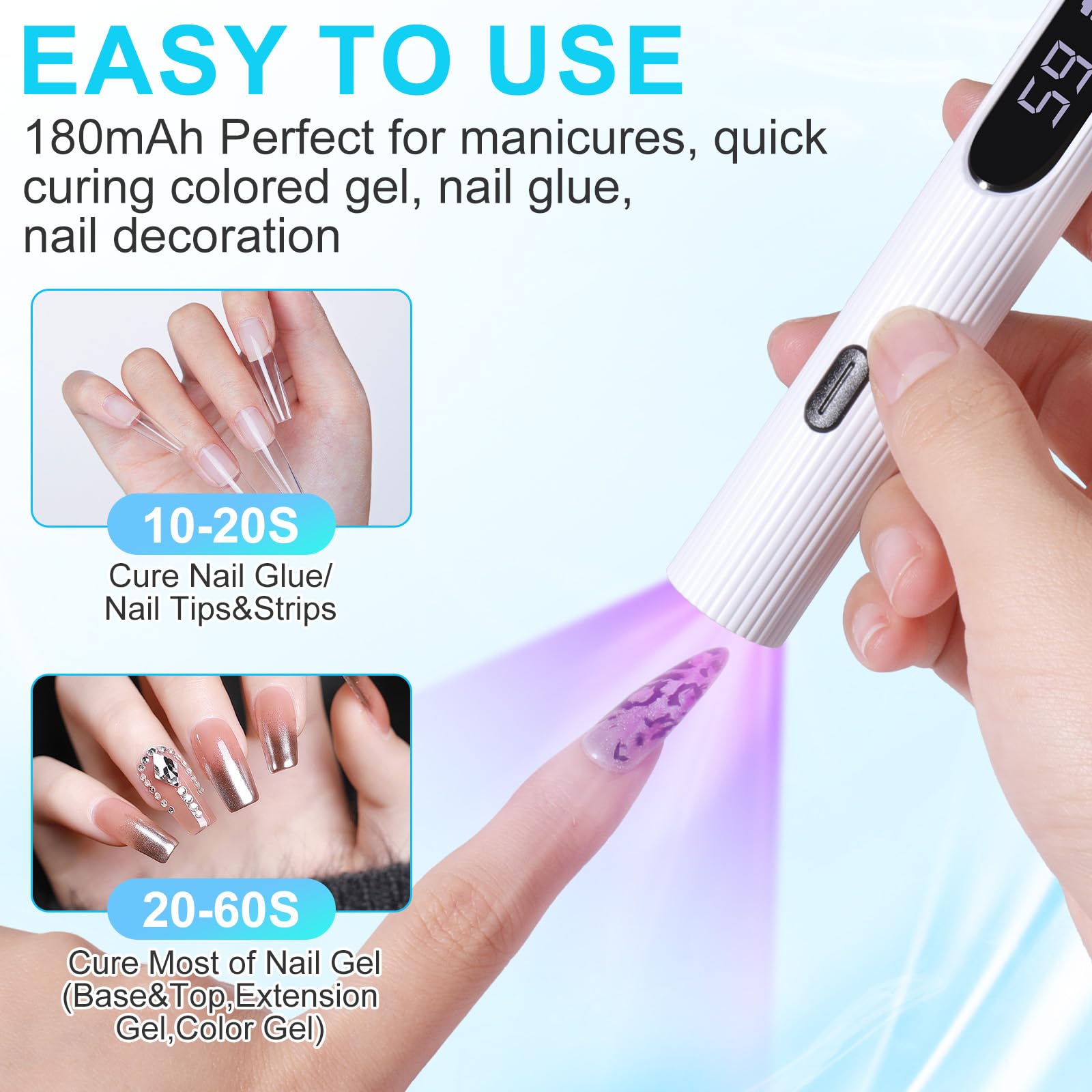 Rechargeable Cordless UV LED Nail Lamp for Gel Polish & Rhinestone Glue - Portable Handheld Curing Light with Digital Display for Home DIY Manicures & Nail Art