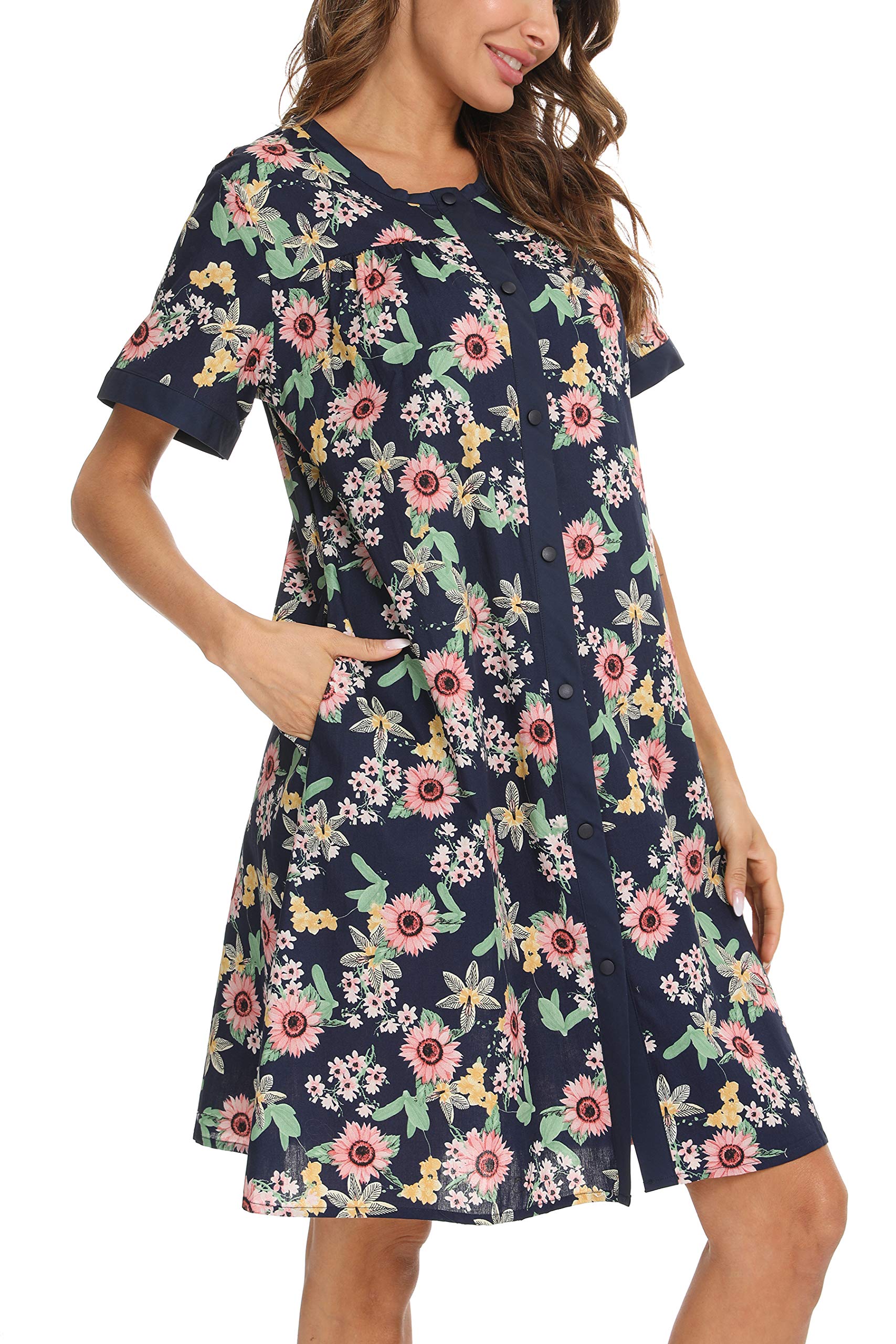 YOZLY Women's Short Sleeve House Dress - Casual Home Robe with Pockets | Perfect for Lounging, Morning Coffee & House Chores
