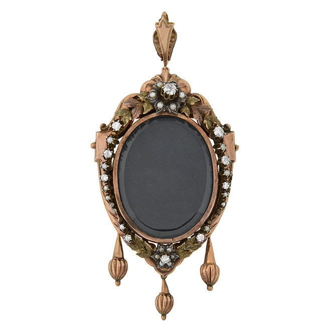 Victorian Style 15kt Gold Pearl and Diamond Wreath Open Faced Locket Necklace - Elegant Vintage Jewelry for Weddings, Anniversaries & Special Occasions