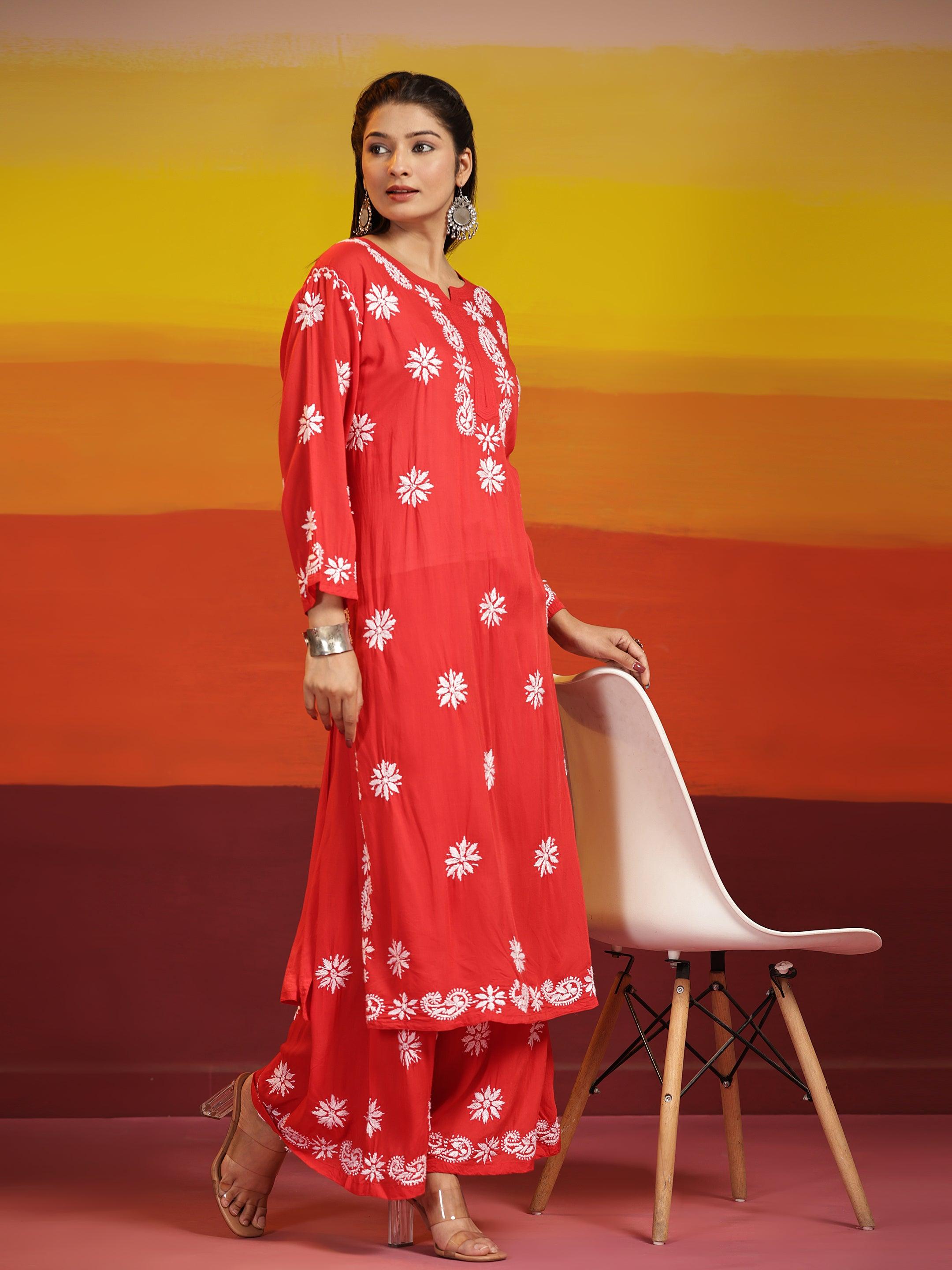 Stylish Samma Chikankari Modal Cotton Co-Ord Set for Women in Red | Perfect for Casual Wear, Parties & Festive Occasions