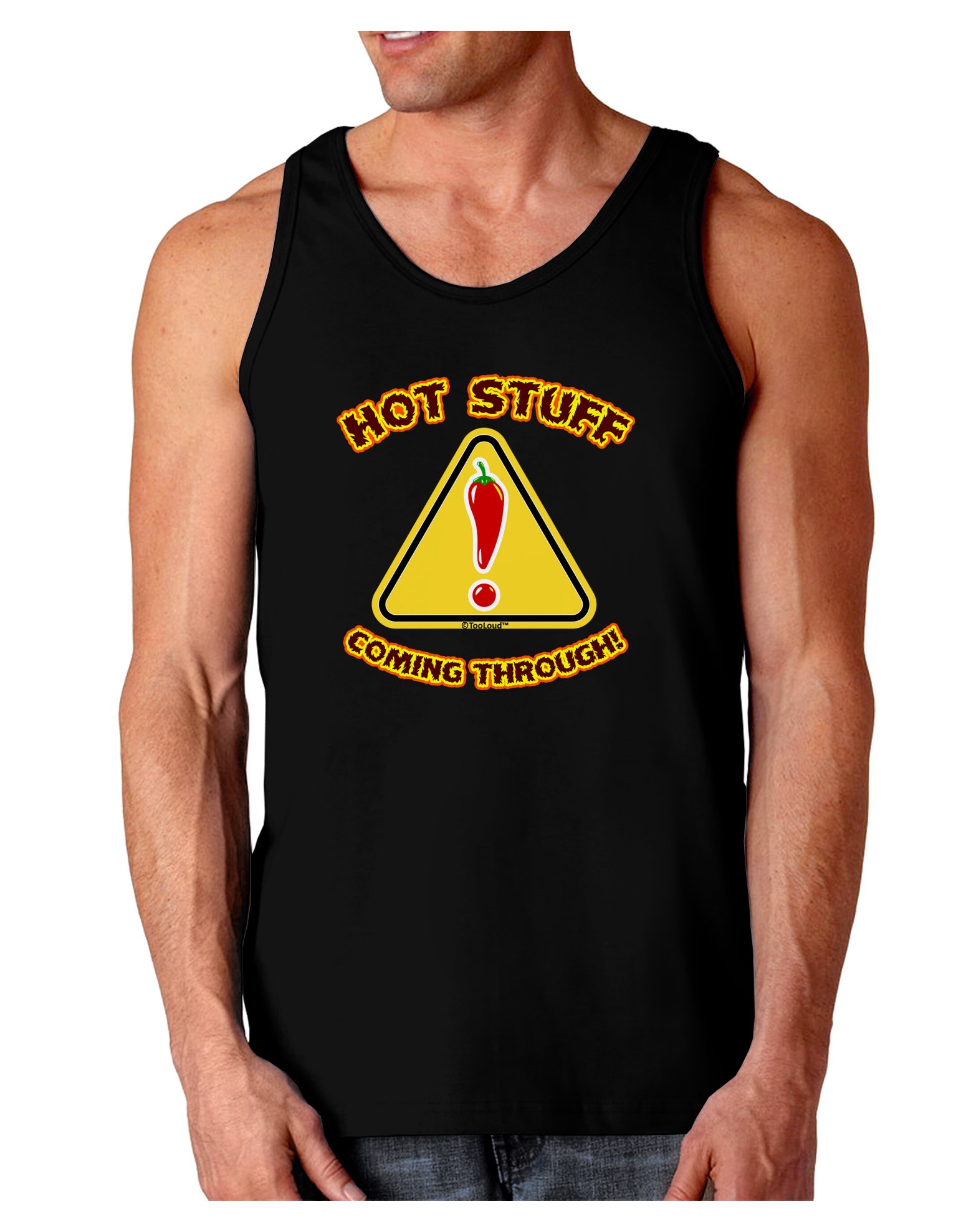 TooLoud Hot Stuff Coming Through Dark Loose Tank Top for Women - Comfortable Sleeveless Casual Shirt for Summer, Gym, and Streetwear Fashion