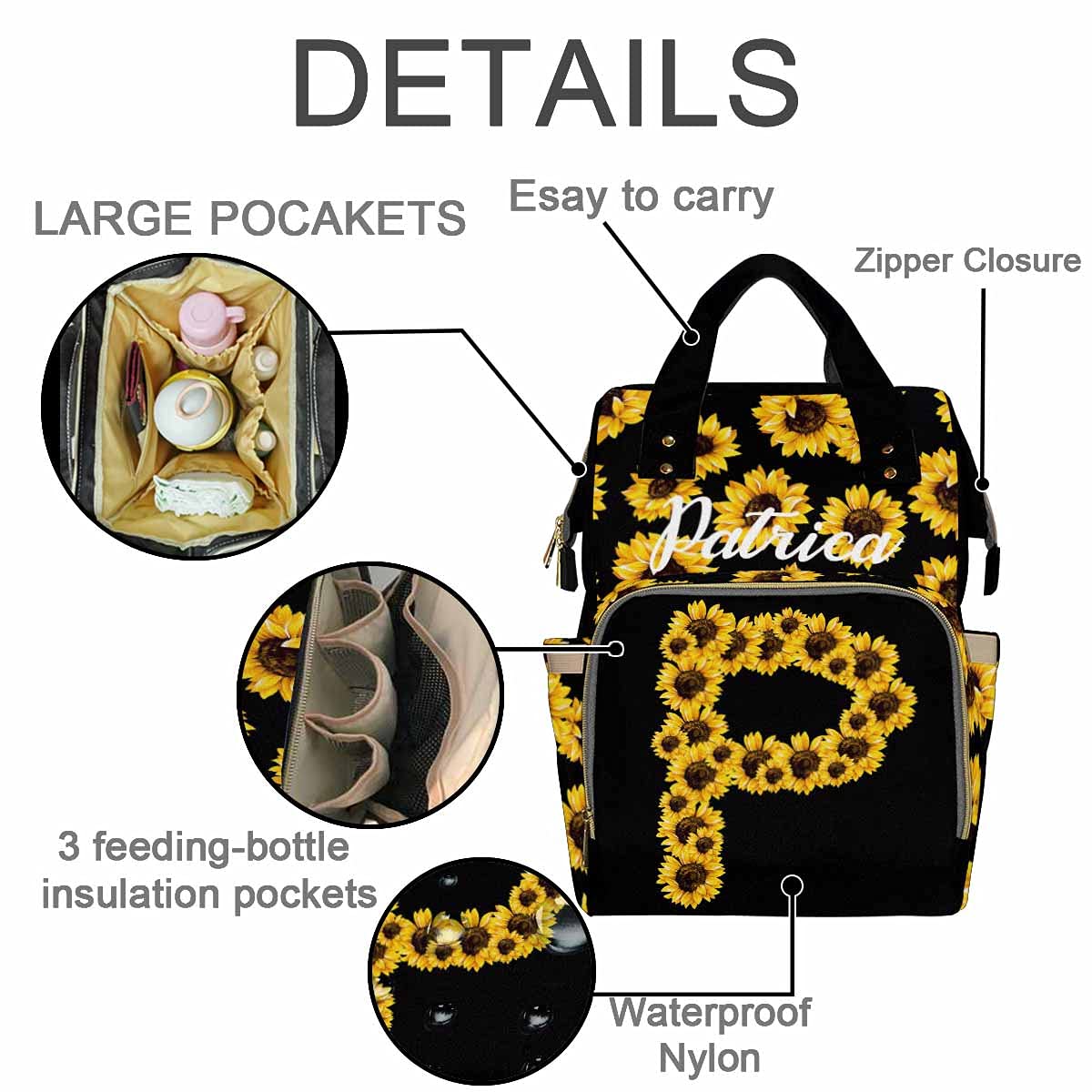 **Personalized Sunflower Diaper Bag for Mom - Custom Waterproof Nursing Tote for Baby Boys & Girls - Multifunctional Baby Essentials Organizer - Perfect for Travel, Outings & Baby Showers**
