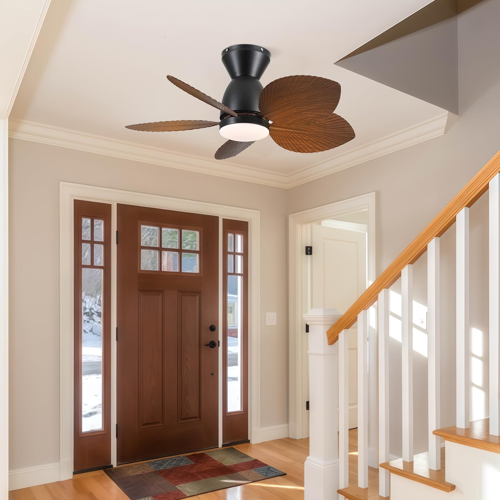 30 Inch Low Profile Ceiling Fan with Lights - Remote & APP Control Flush Mount Tropical Palm Leaf Design - Small Outdoor Ceiling Fan for Patio, Porch, Bedroom & Living Room - Energy Efficient & Quiet - Brown