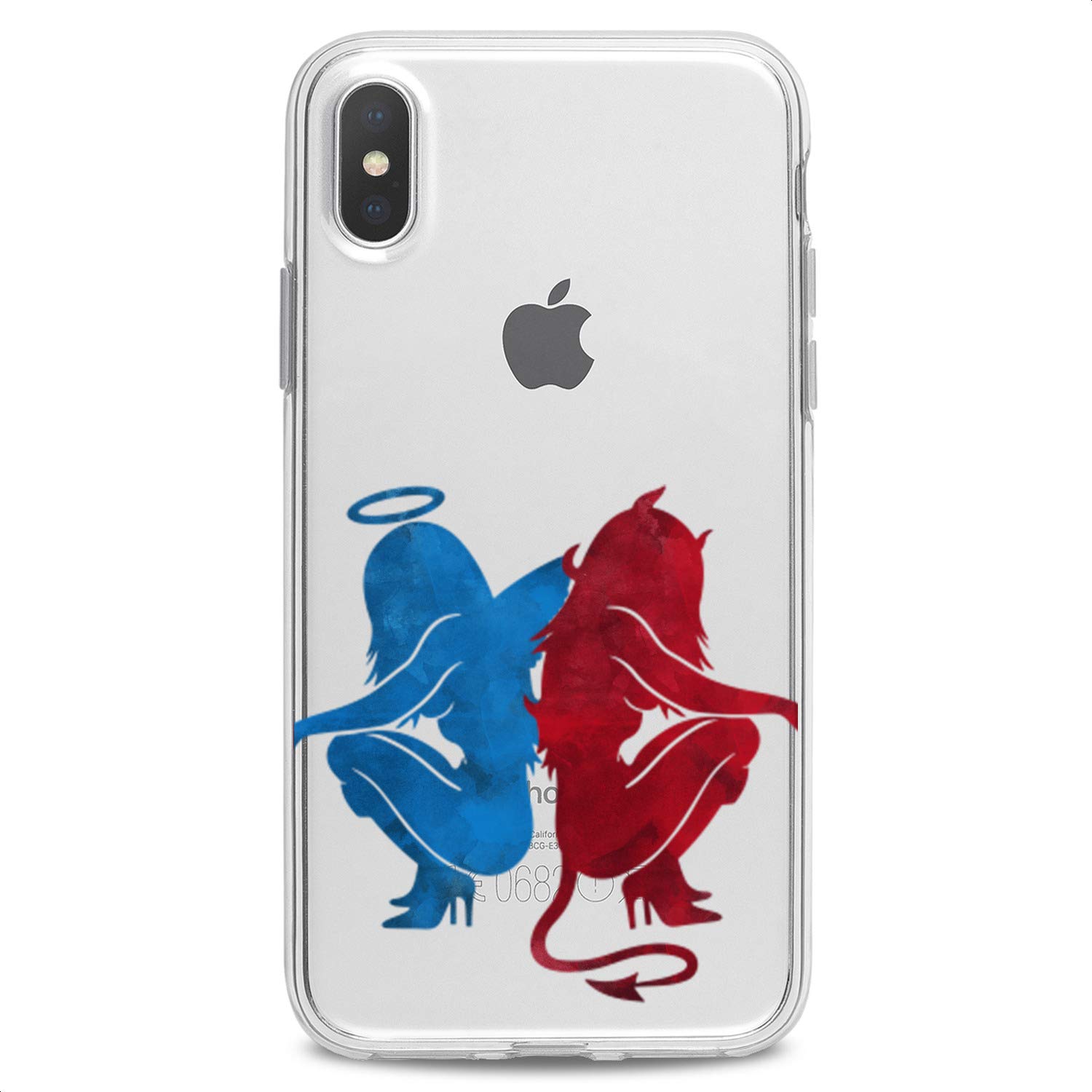 **TPU Case for iPhone 16/15/14/13/12/11 Pro Max/Plus/Mini/XS/XR/X/8+/7/6/5/SE - Angel & Devil Clear Blue Print Art Design, Slim & Flexible Silicone Cover for Women (Cute Watercolor Style) - Perfect for Everyday Use & Gift Giving**