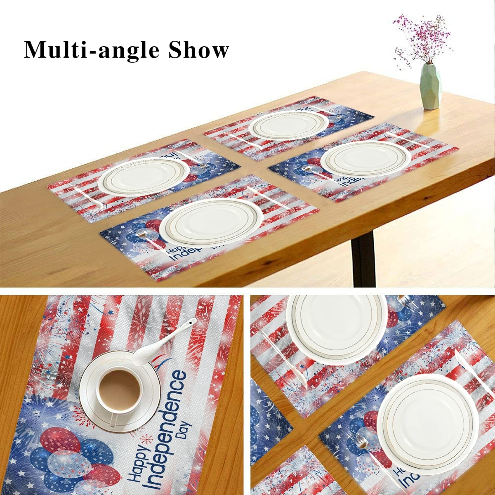 Exnundod Patriotic 4th of July Table Mats - Set of 6 Firework-Themed Independence Day Placemats (12x18 Inches) for Dining Table & Kitchen - Perfect for Holiday Decor, BBQs, and Summer Parties