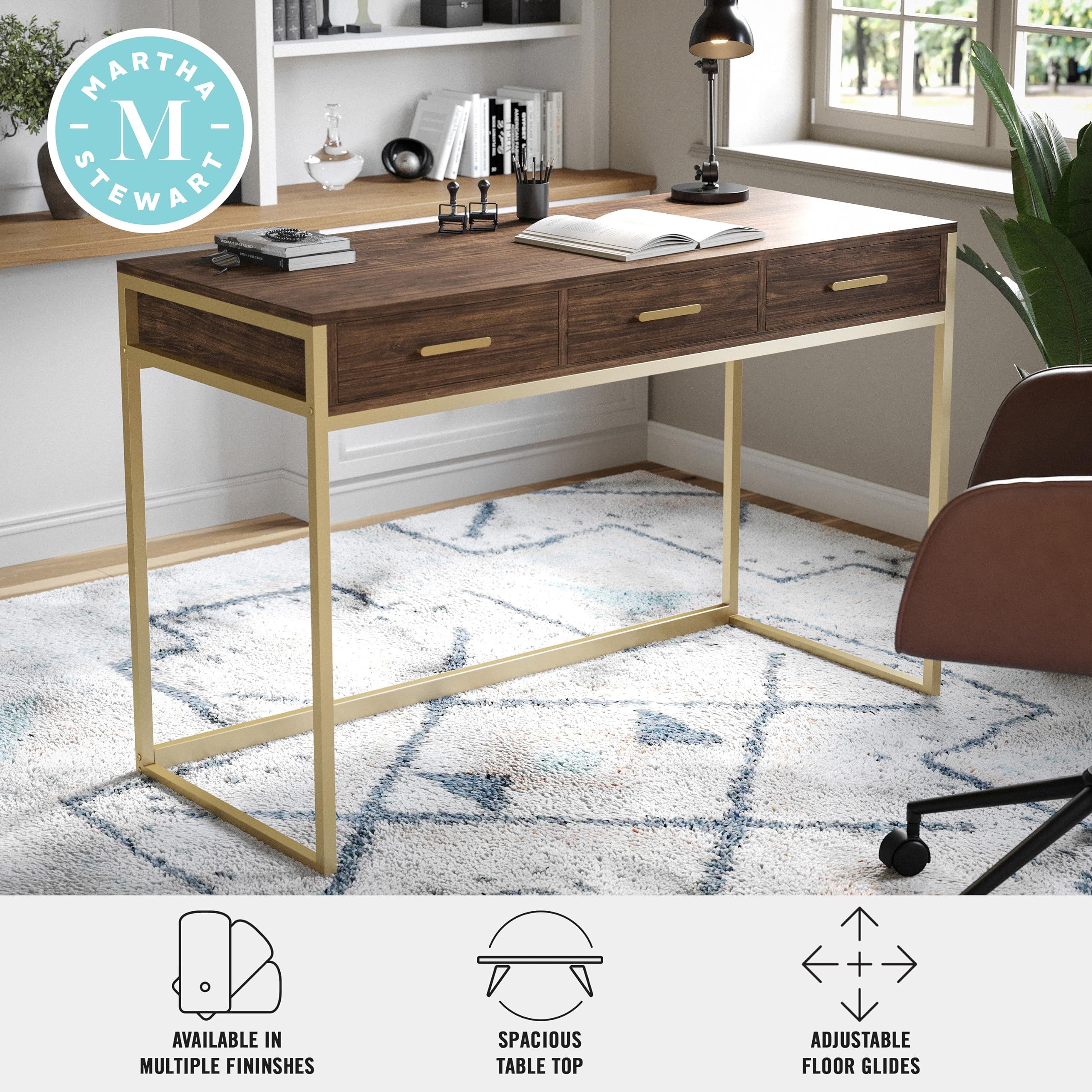 Martha Stewart Ollie Home Office Desk with 3 Drawers - Walnut Wood Grain & Polished Brass Hardware - Perfect for Small Spaces, Remote Work & Modern Home Offices
