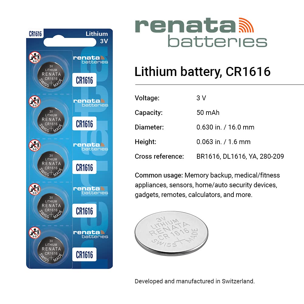 Renata CR1225 3V Lithium Coin Cell Batteries (5-Pack) - Long-Lasting Power for Watches, Calculators, Key Fobs & Medical Devices