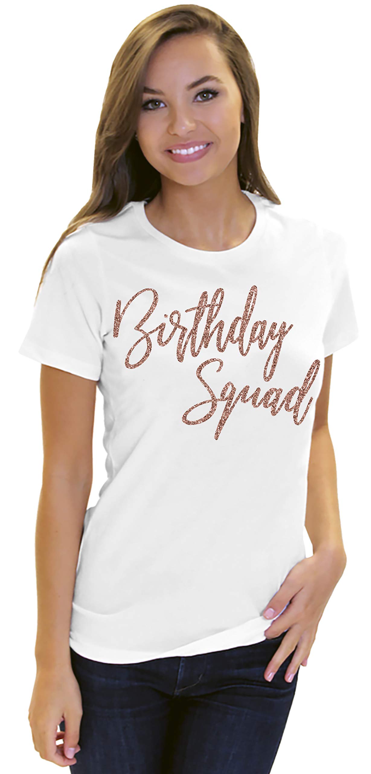 Women's Birthday Squad T-Shirt - Glam Rose Gold Party Tee - Small Black Crewneck Top for Bachelorette, Girls Night Out & Birthday Celebrations