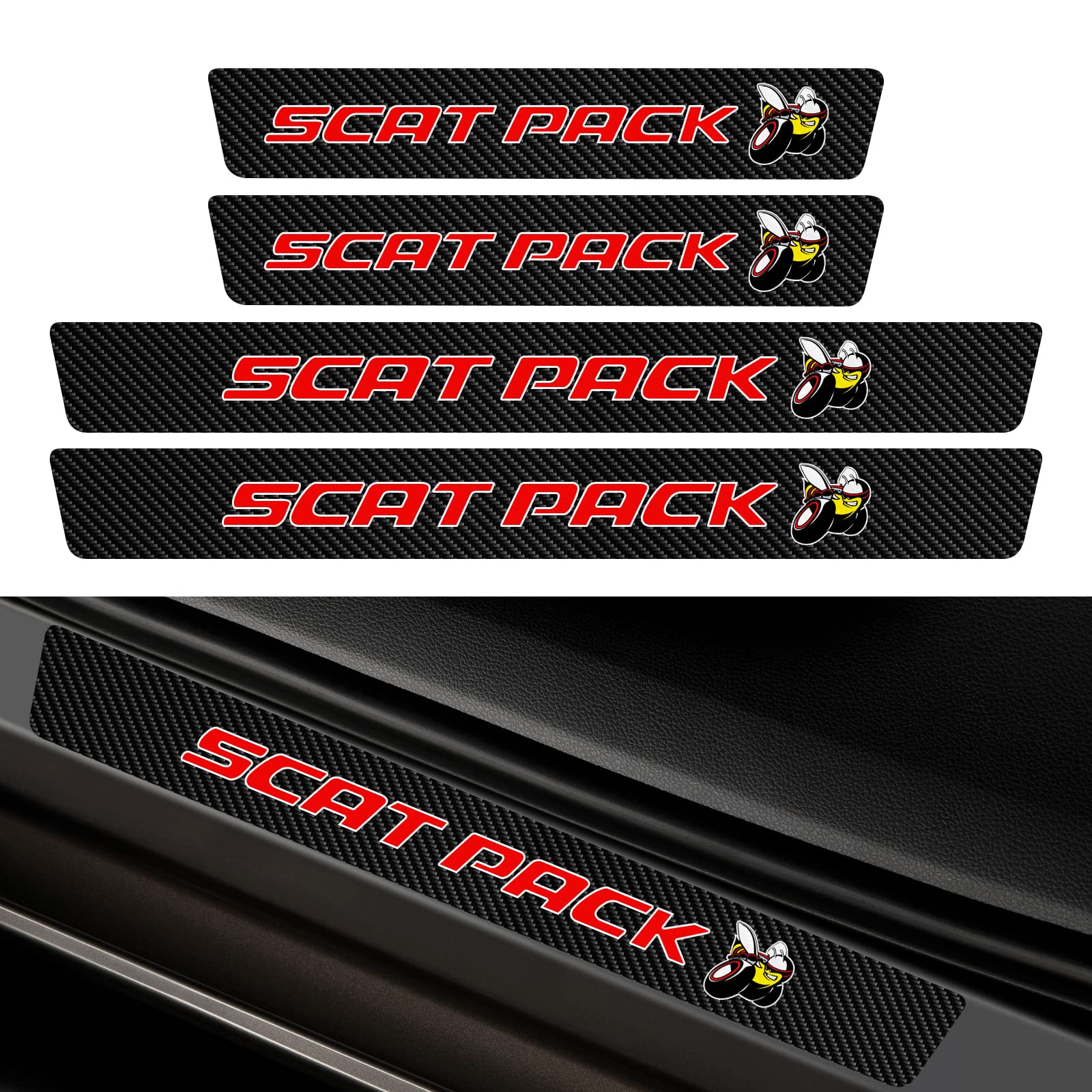 Carbon Fiber Car Door Sill Protector for Dodge Challenger Scat Pack Super Bee - 4Pcs Reflective Vinyl Threshold Stickers, Anti-Scratch Edge Guards - Perfect for Car Shows & Daily Protection