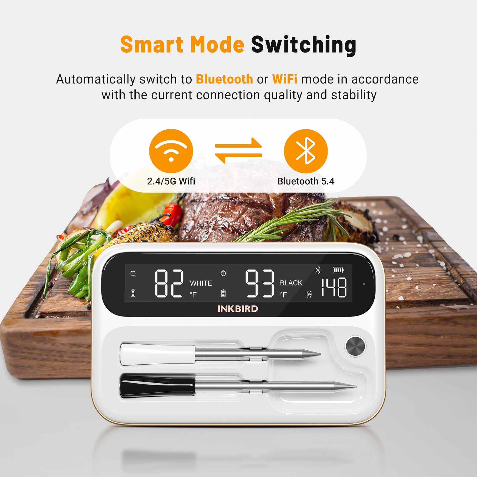 Wireless Meat Thermometer with WiFi & Bluetooth - INT 12 BW Digital Cooking Thermometer for Grilling, Smoking, Baking & BBQ - Perfect for Home Chefs & Outdoor Cooking