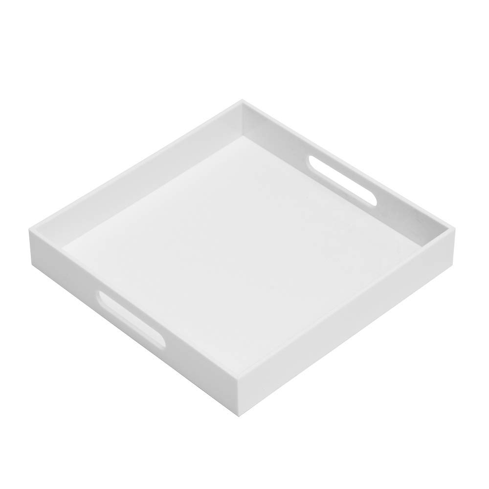 Sturdy Glossy White Acrylic Serving Tray with Handles - 12x12 Inch Multipurpose Tray for Coffee, Breakfast, Appetizers & Entertaining - Perfect for Kitchen, Dining Room & Hosting Guests