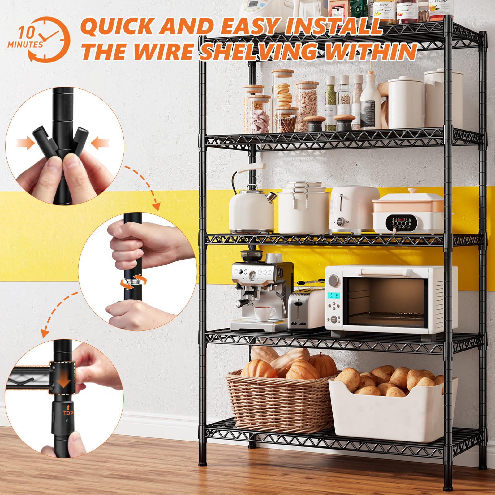 REIBII 5-Tier Adjustable Metal Wire Shelving Unit with Wheels & Feet - 15.7