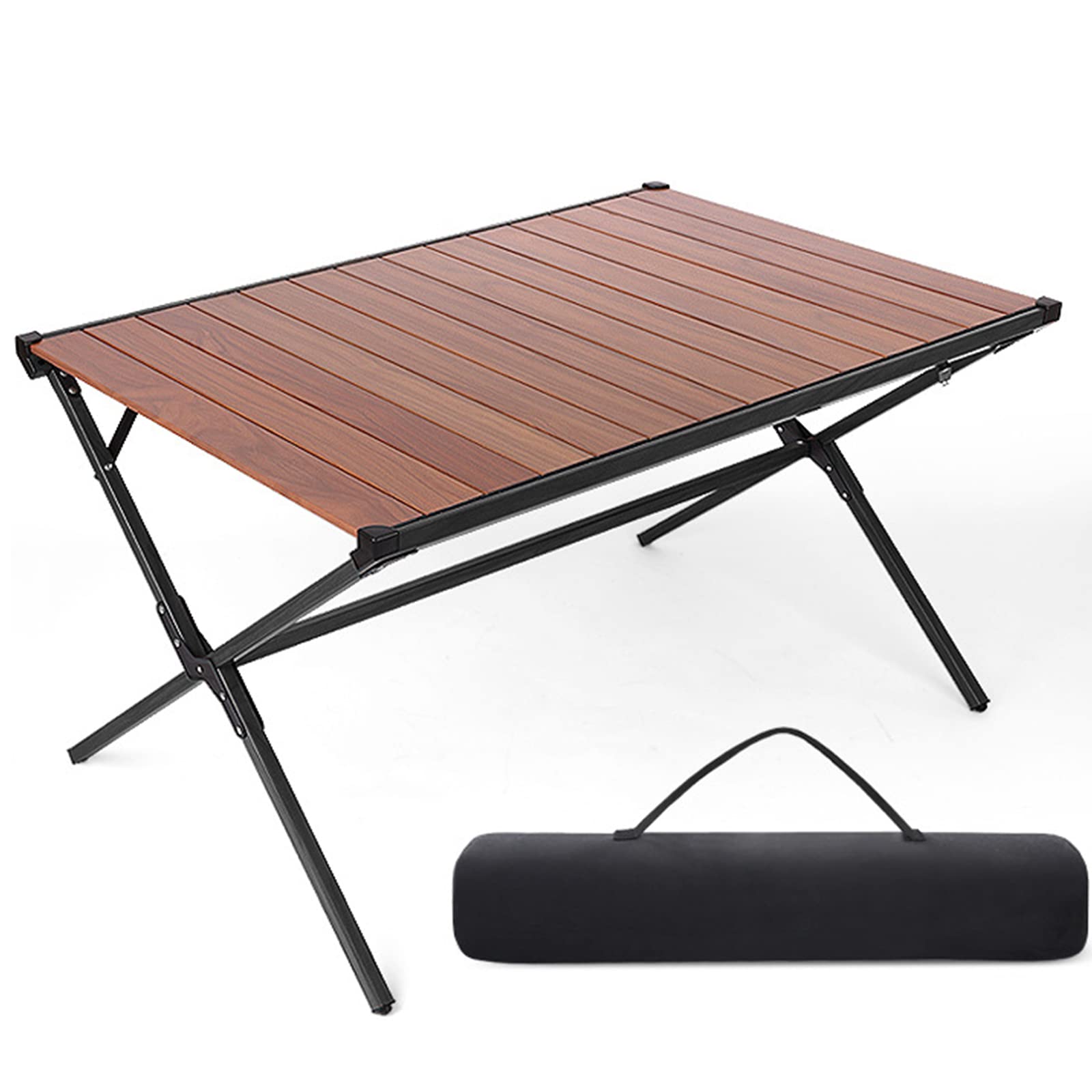 Portable Aluminum Folding Camping Table - Lightweight Roll-Up Picnic Table with Wood Grain Finish, Stable Outdoor Furniture for BBQ, Backyard Parties, Beach Trips & Tailgating (Black, Large 103cm) - Perfect for Camping, Hiking, Picnics & Outdoor Adventures