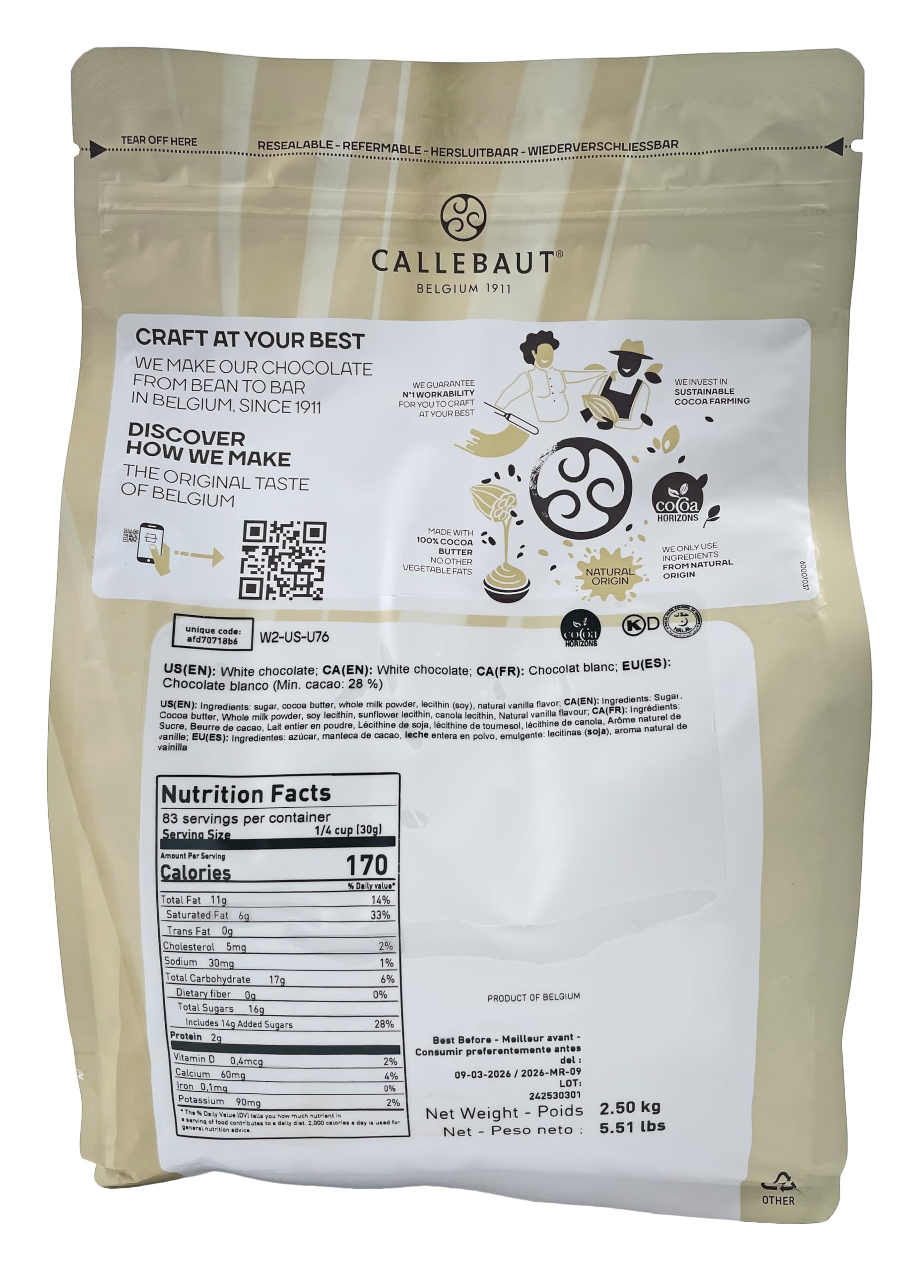 Premium Callebaut Belgian Chocolate Callets - 2 Pack of 5.51 lb Bags (2.5KG) Milk & White Chocolate for Baking, Desserts & Gourmet Recipes