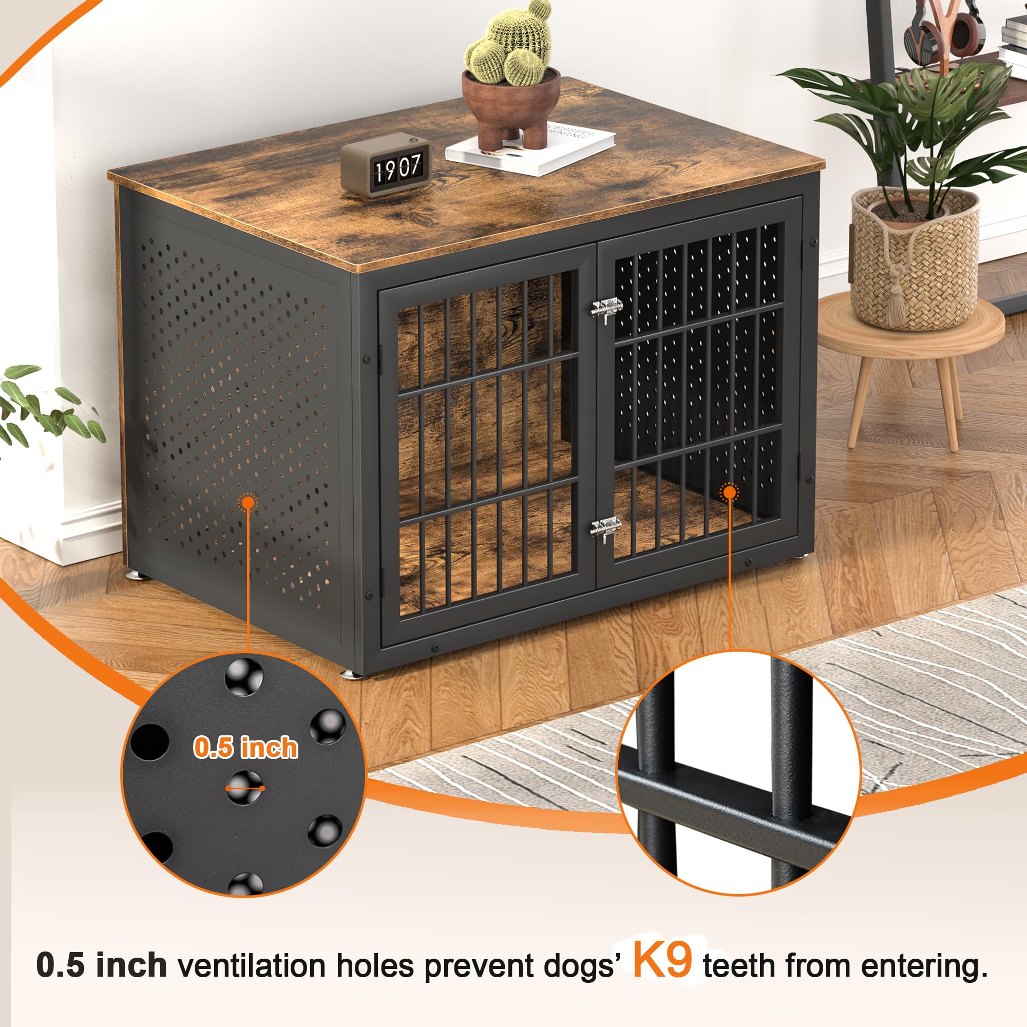 **Heavy Duty Rustic Dog Crate Furniture for Large & Medium Dogs – Indestructible Metal & Wooden Kennel – Enclosed Design for Indoor Use – Decorative Dog Kennel End Table – Perfect for Living Rooms, Bedrooms & Home Decor**