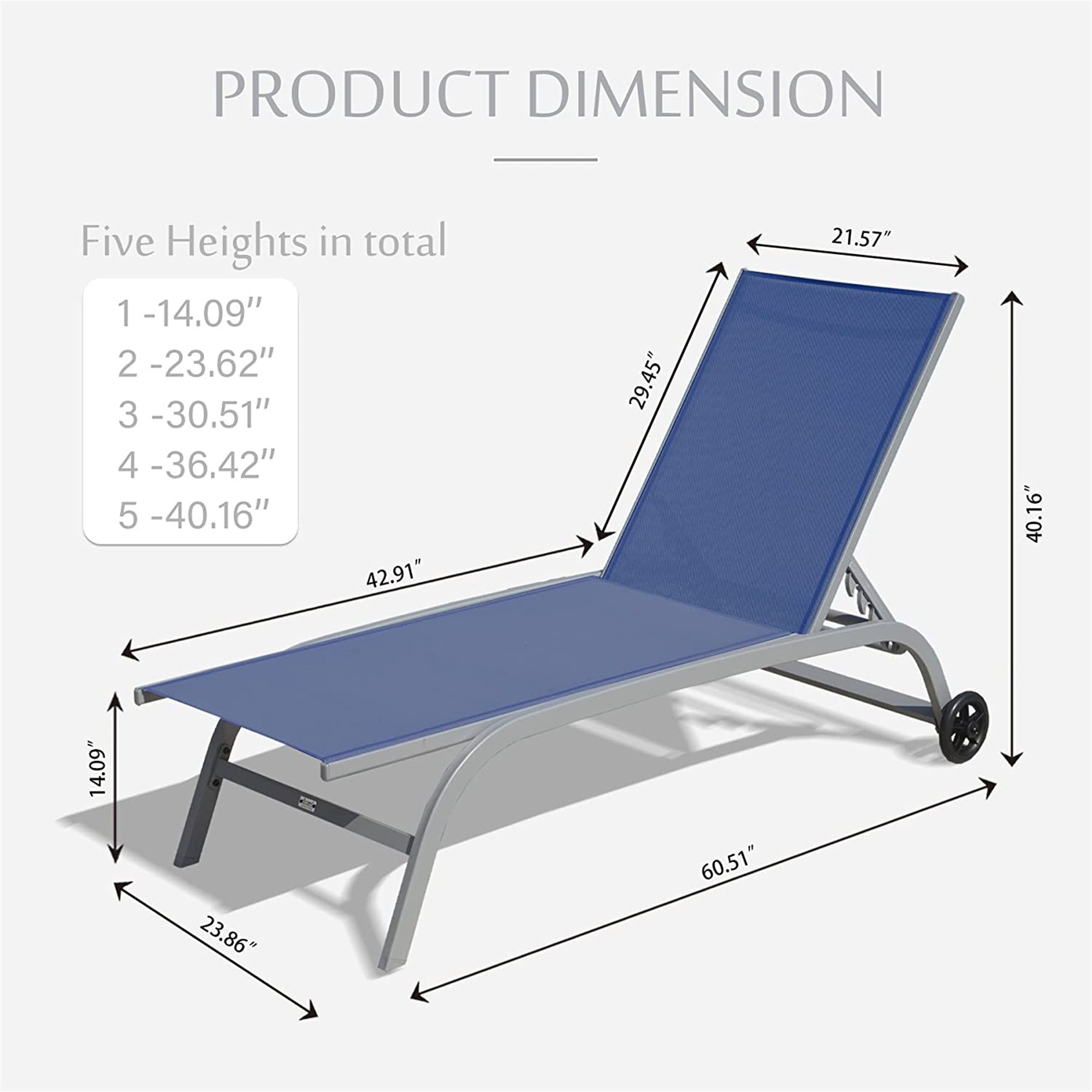 2-Piece Outdoor Chaise Lounge Set with Wheels - 5 Adjustable Positions, Patio, Beach, Yard & Poolside Lounge Chairs (Blue) - Perfect for Sunbathing, Relaxing by the Pool or Backyard Lounging