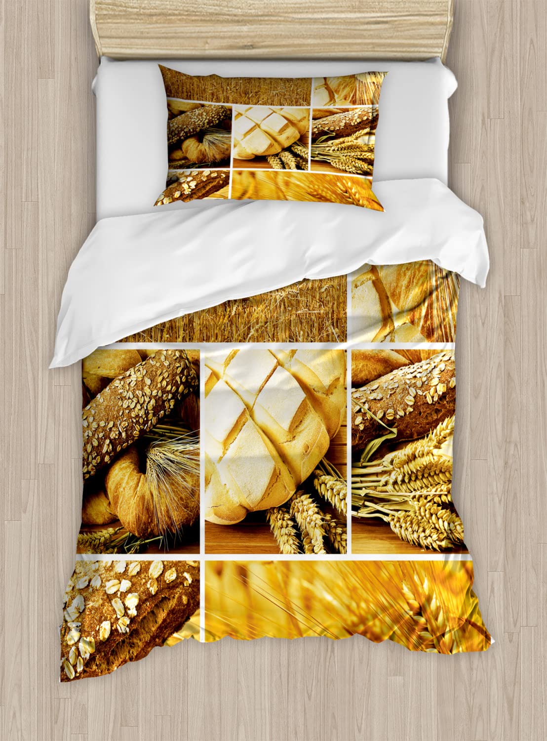 Ambesonne Harvest Duvet Cover Set - 2 Pack Twin Size with 2 Pillowcases, Wheat & Bread Baking Culture Design in Earth Yellow Brown | Farmhouse & Rustic Bedroom Decor for Cozy Autumn Vibes