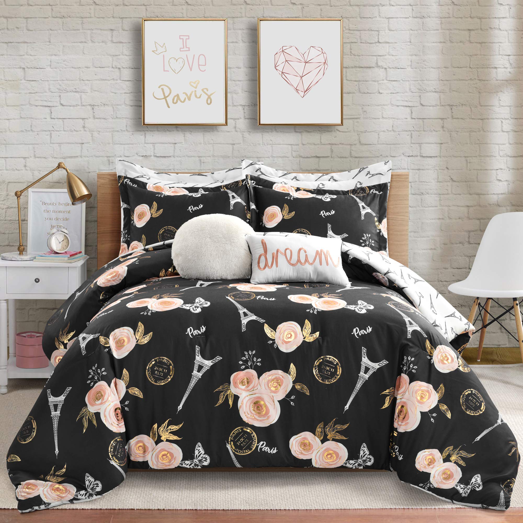 Lush Decor Black Vintage Paris Rose Butterfly 7-Piece Comforter Bed Set - Reversible Full/Queen Size Luxury Bedding for Master Bedroom & Guest Room