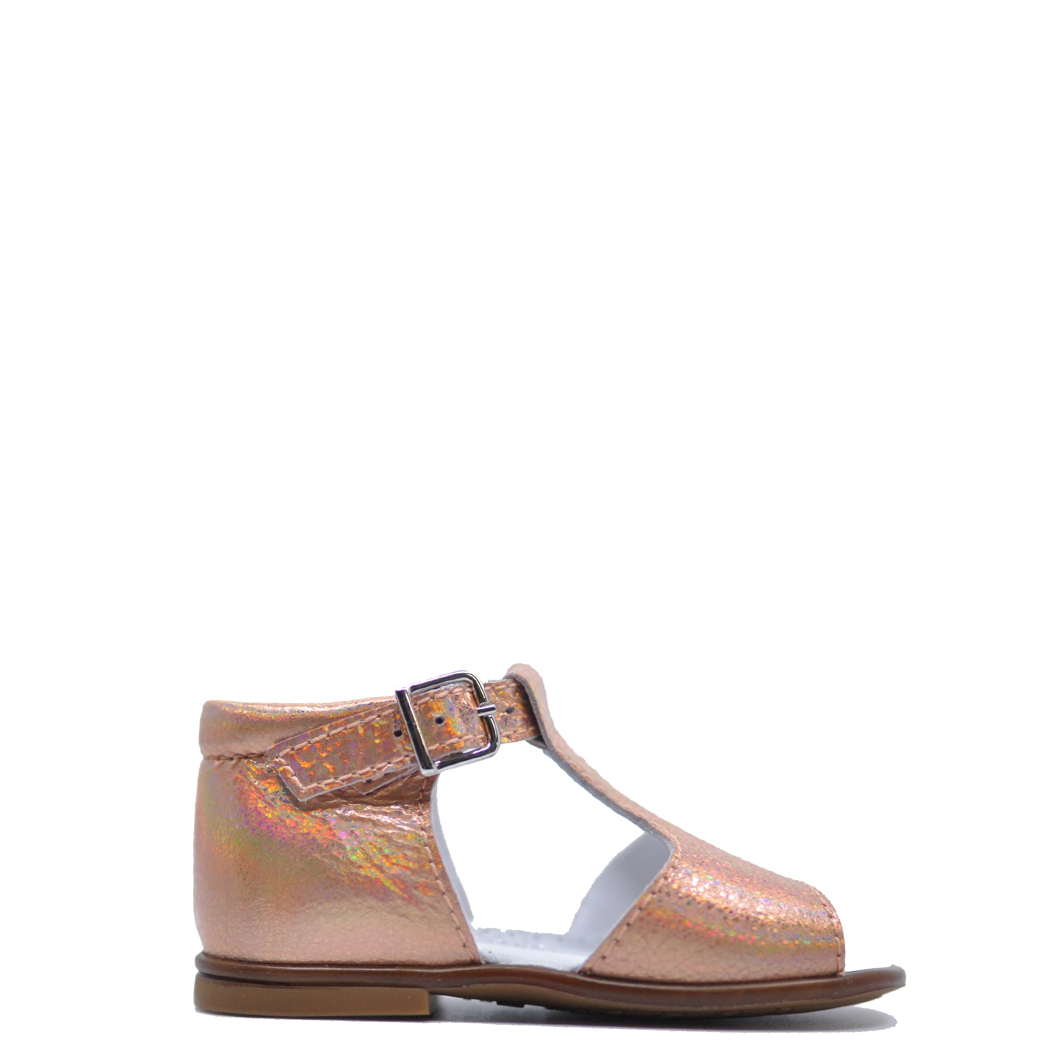 Beberlis Rose Gold Iridescent Baby Sandals for Girls - Soft Sole First Walkers, Shiny Glitter Toddler Shoes for Special Occasions & Photo Shoots