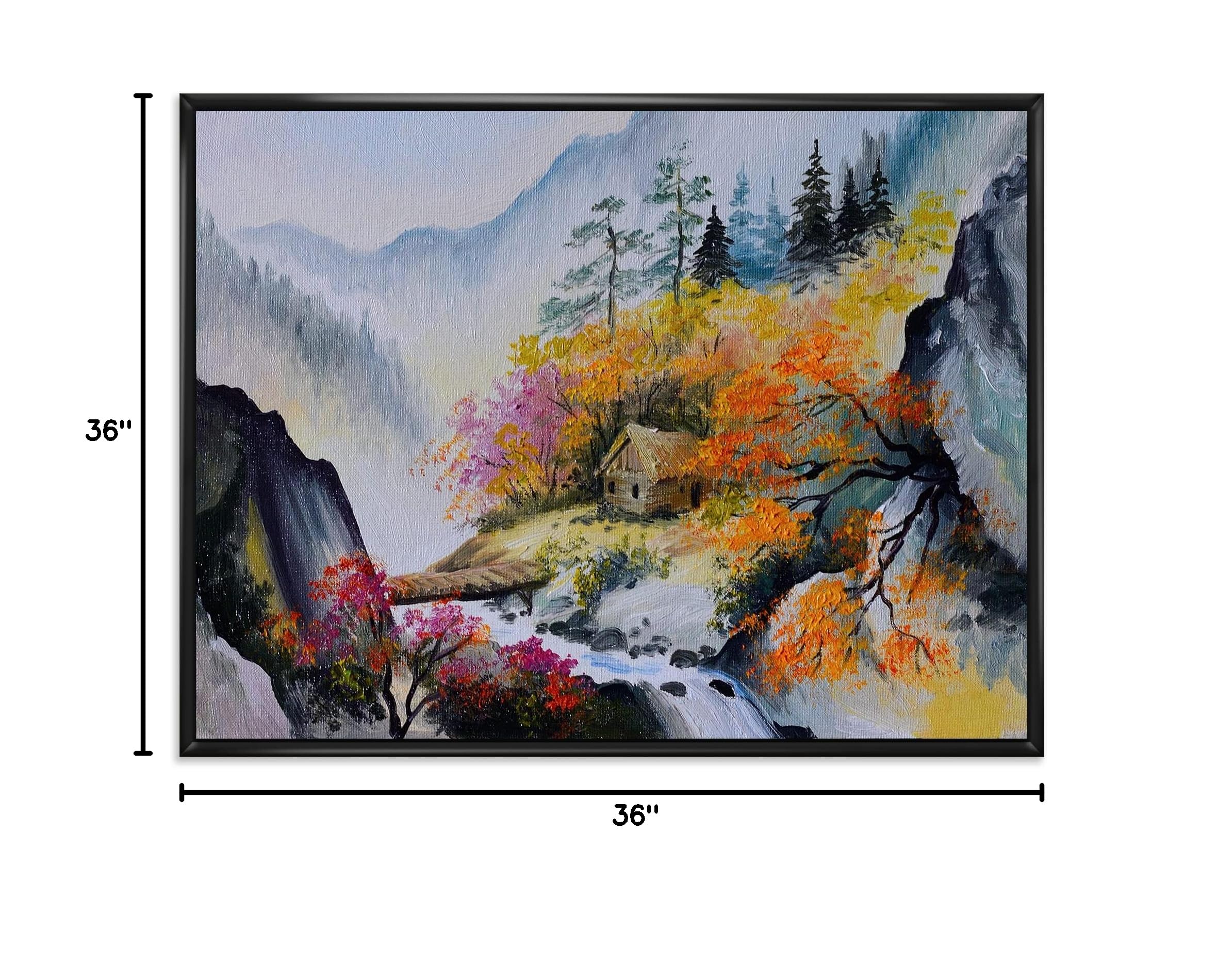 DesignQ Little House in Vibrant Mountain Landscape - Traditional Framed Canvas Wall Art Print for Living Room, Bedroom & Office Decor | Nature Inspired Home Decorations