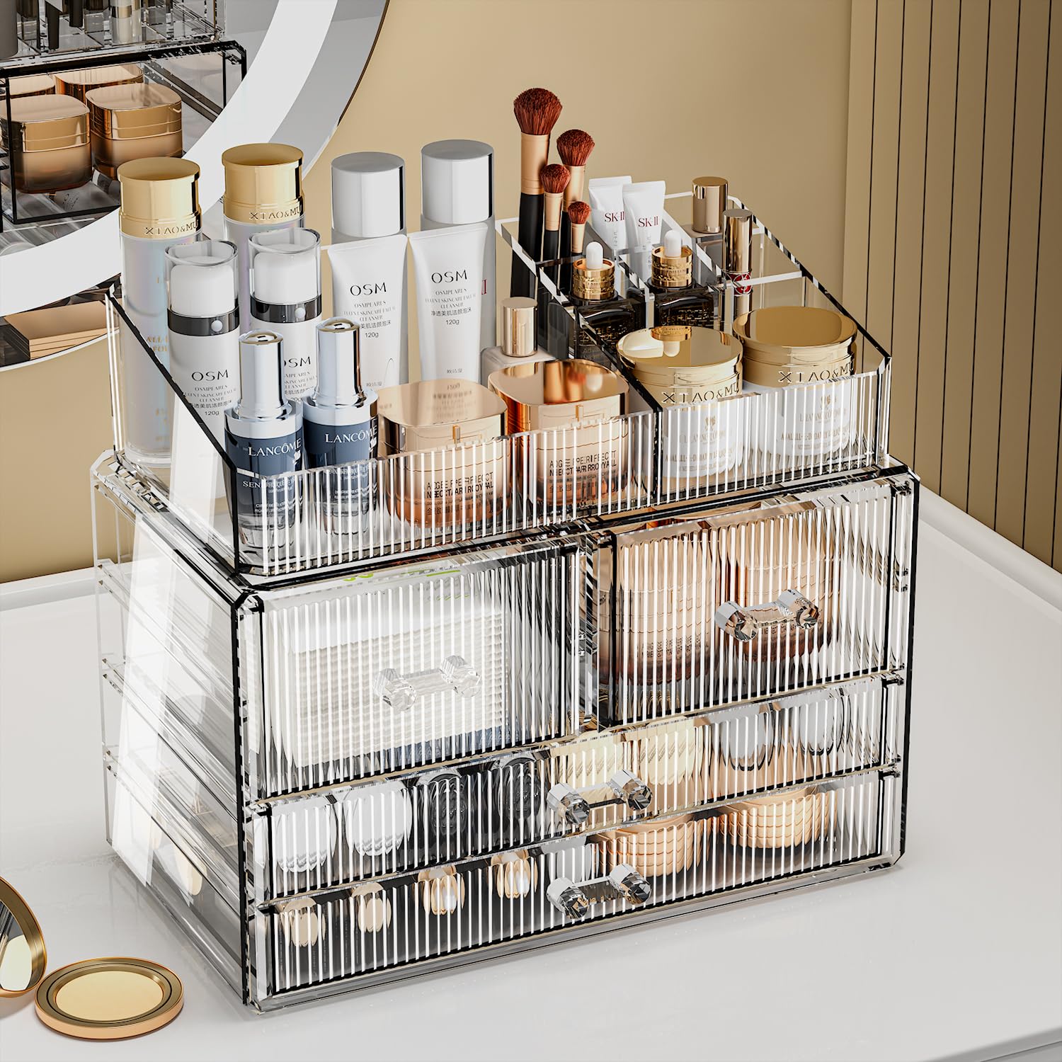 ZHIAI Stackable Acrylic Storage Drawers - Clear Makeup Organizer for Bathroom Vanity, Kitchen Cabinet & Undersink | Home Organization Solution (1 Top + 4 Drawers) | Perfect for Cosmetics, Toiletries & Small Item Storage