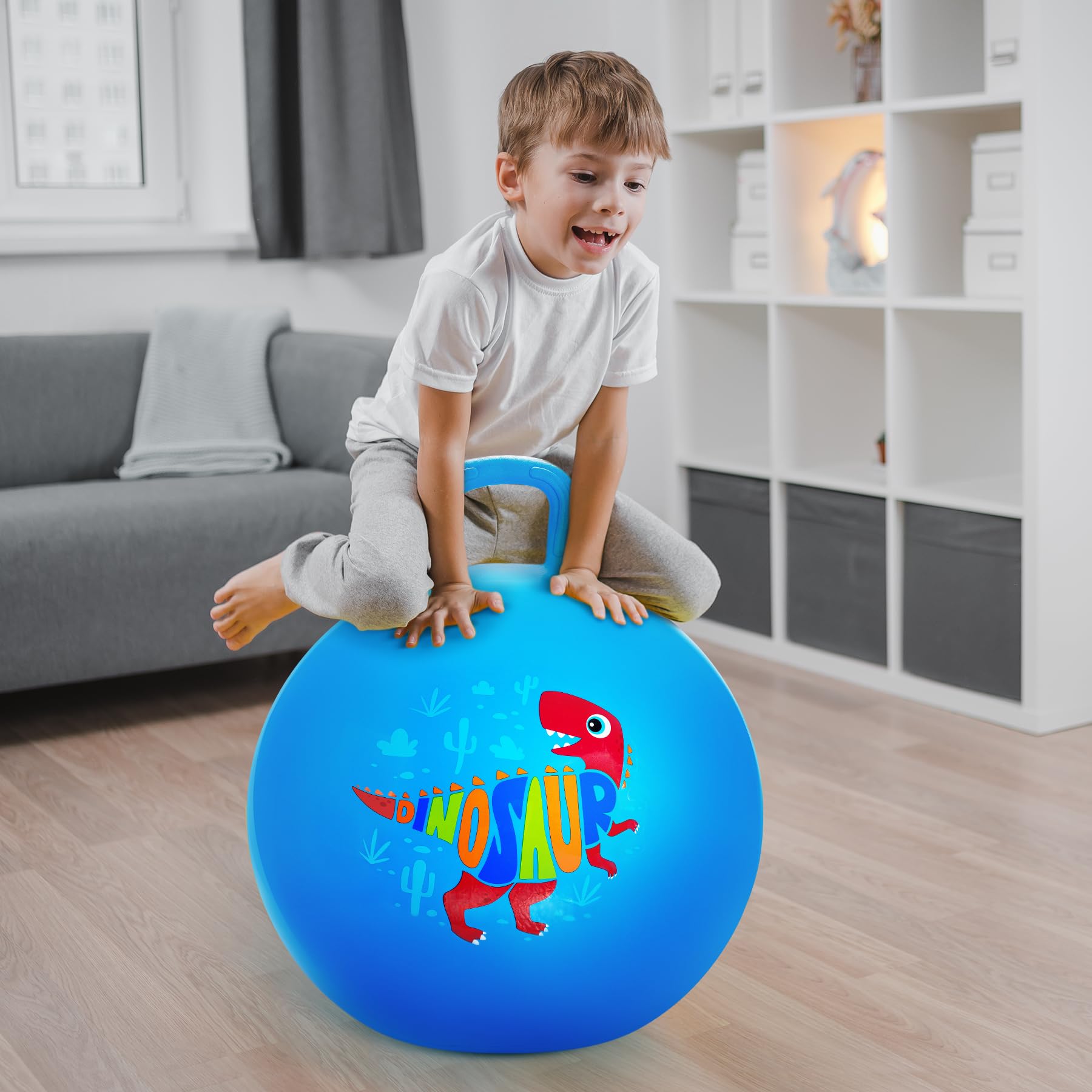 Dinosaur Hopper Ball - 18 Inch Inflatable Bouncy Ball with Handle for Kids Ages 3-8 | Fun Jumping Toy for Boys & Girls | Includes Air Pump | Perfect for Indoor Play, Outdoor Games & Birthday Gifts (Blue)