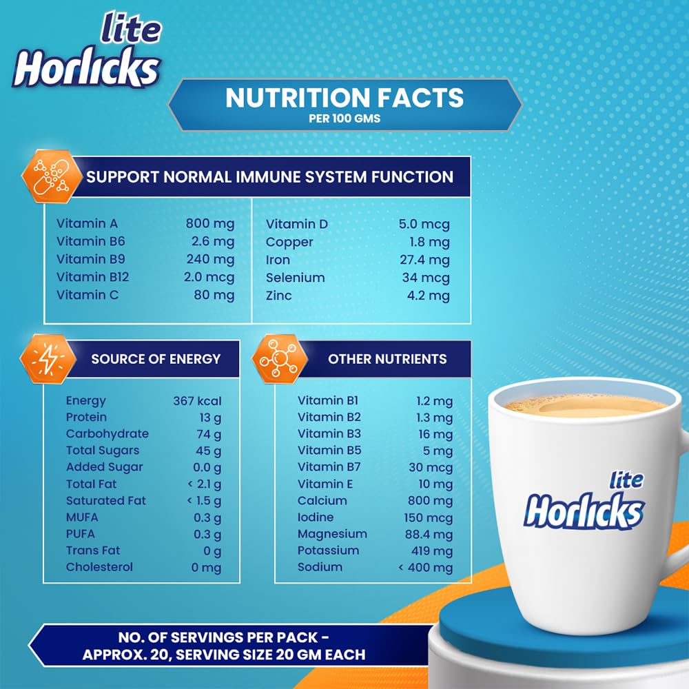 Horlicks Lite 450g - High Protein Malt Drink for Adults | Zero Added Sugar | Scientifically Formulated Nutrition | Perfect for Breakfast, Post-Workout & Nighttime Relaxation
