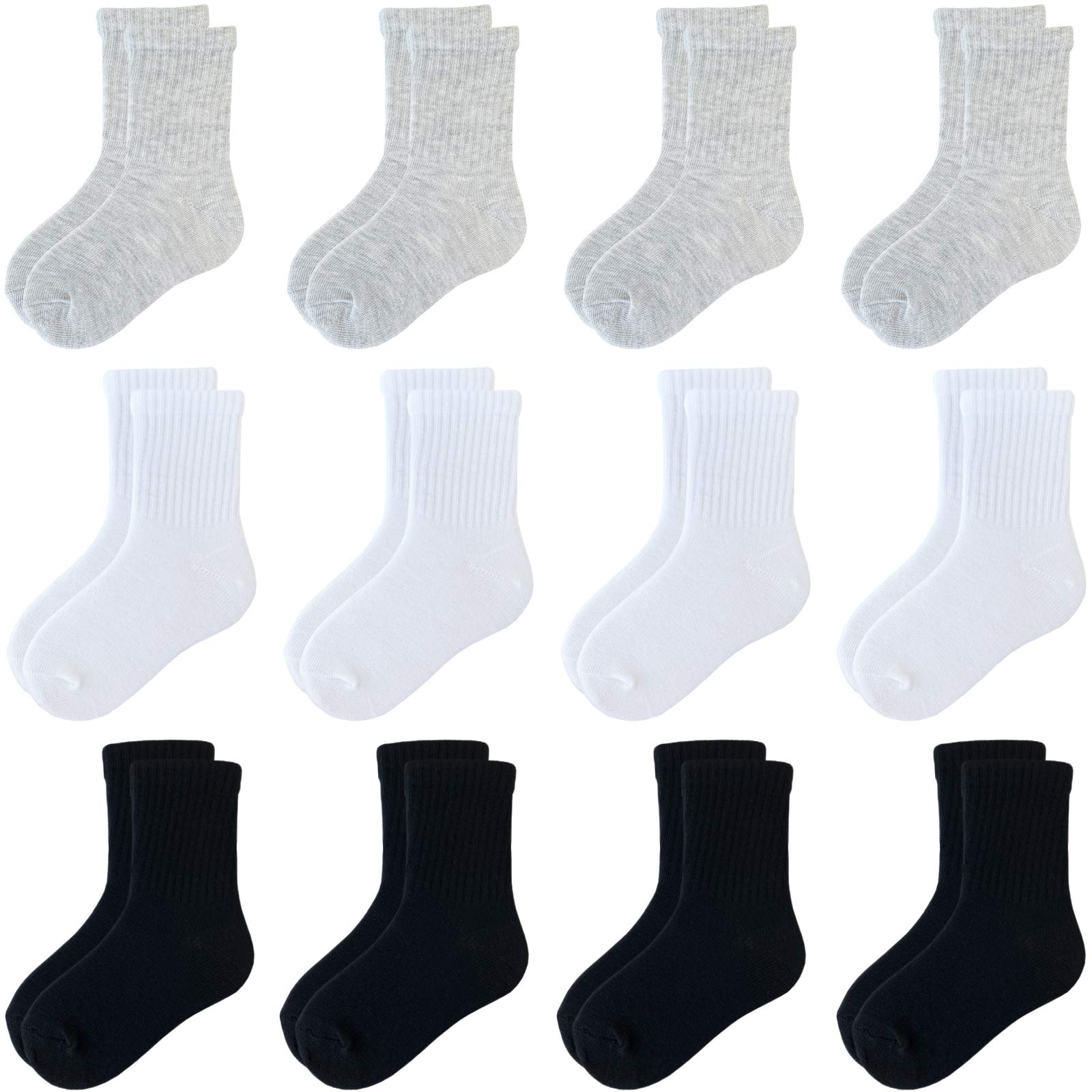 JAMEGIO Boys' Crew Socks 12 Pairs - Soft Cotton Athletic Socks for Toddlers & Kids (1-10 Years) - Comfortable Everyday Socks for School, Sports & Playtime