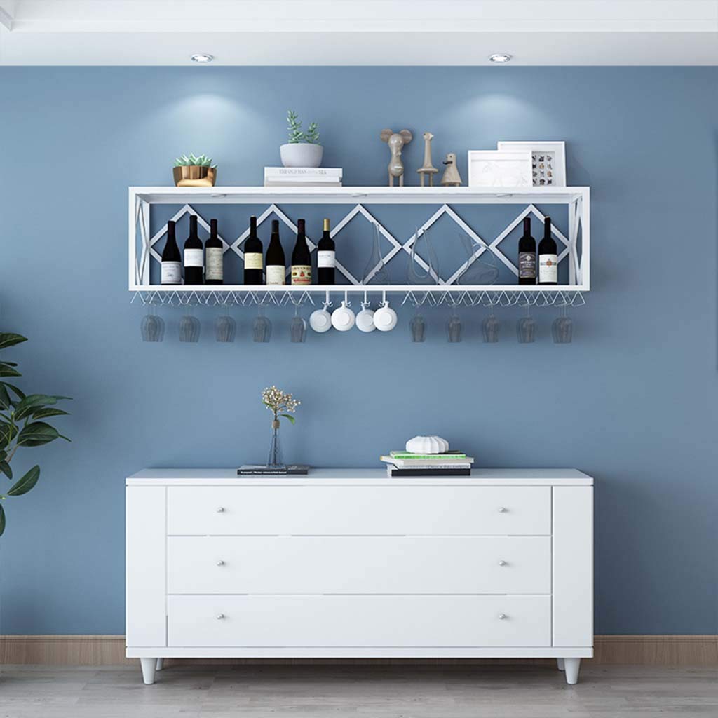 Floating Wall Shelves for Bar - Inverted Wine Glass Rack & Iron Bottle Holder with Partitions | Space-Saving Hanging Goblet Storage for Kitchen, Dining Room or Home Bar Decor