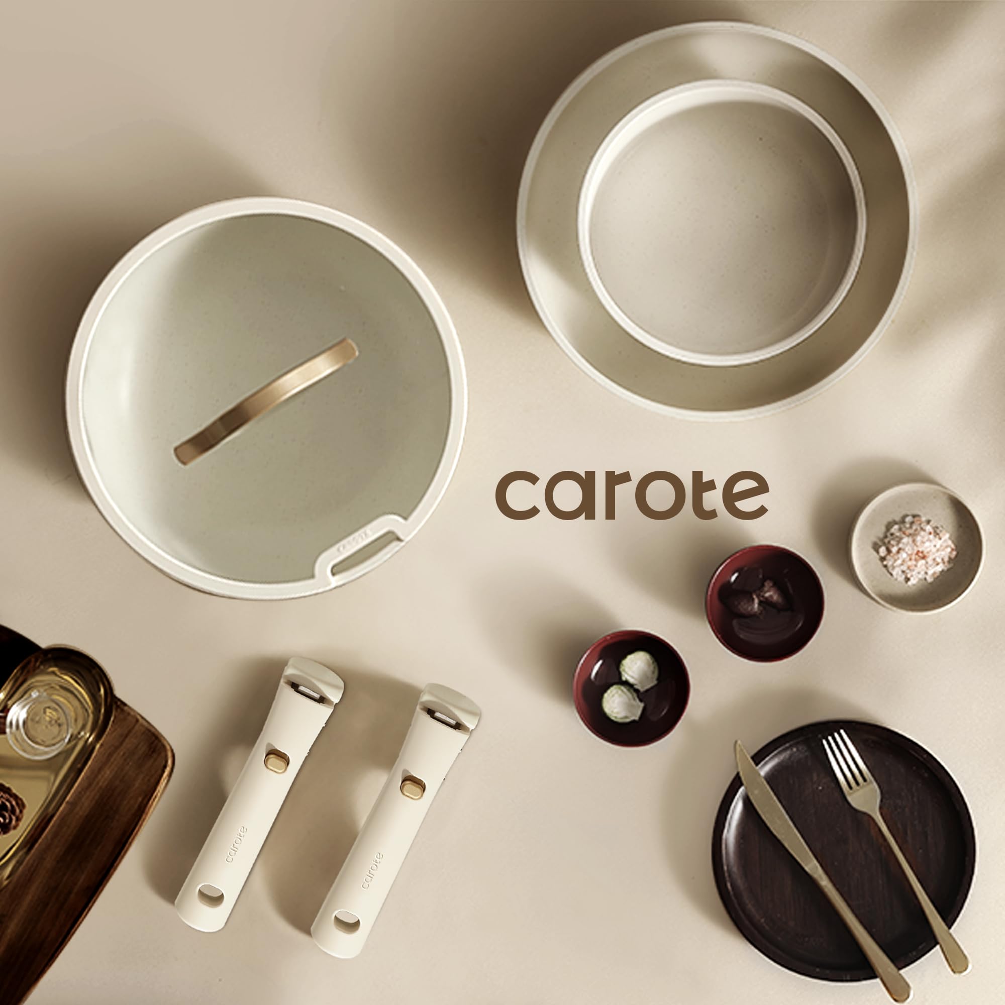 CAROTE 19-Piece Nonstick Cookware Set - Induction Compatible Pots & Pans with Detachable Handles, Oven & Fridge Safe - Gold & White Kitchen Cookware for RV, Apartment & Home Cooking