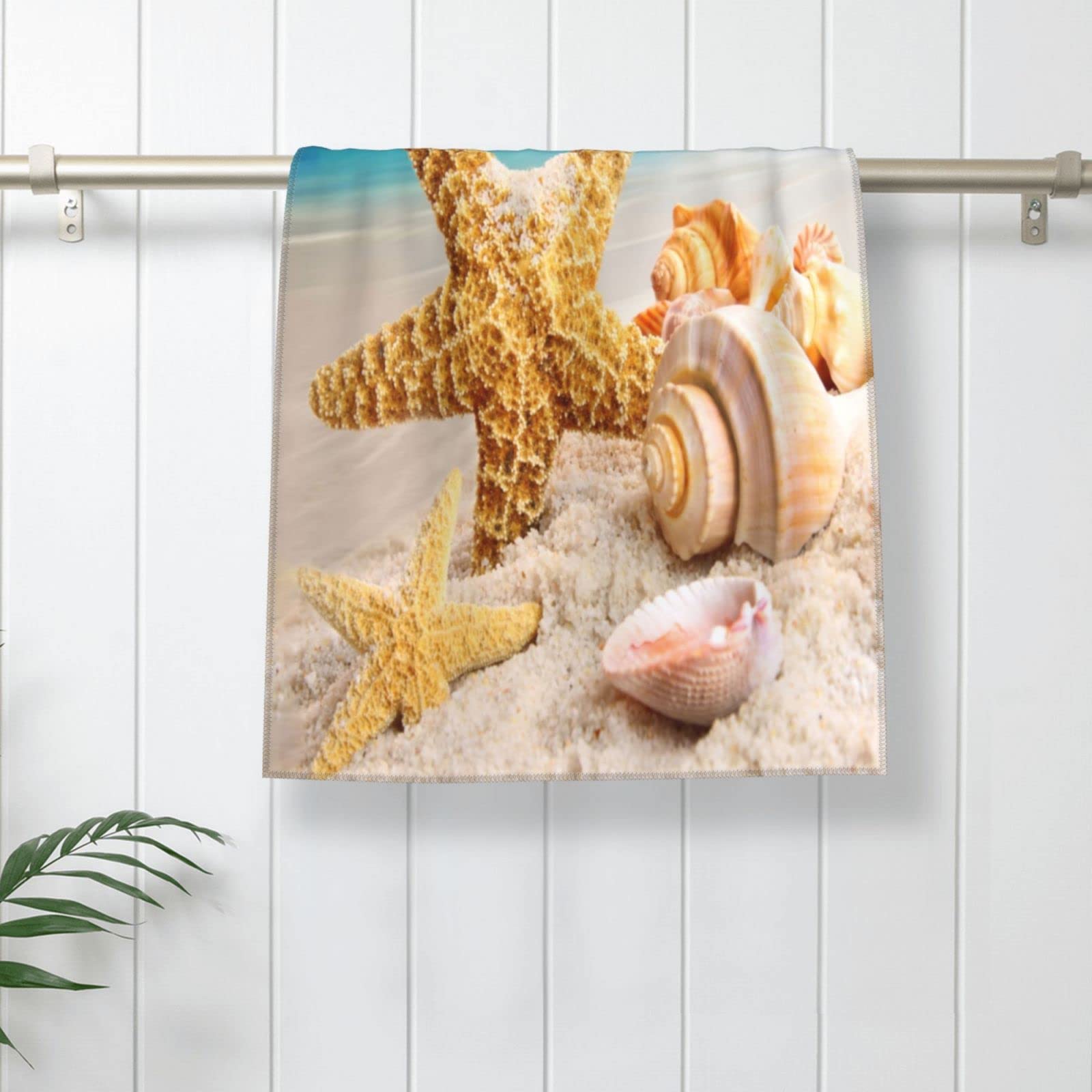 Soft Absorbent Coastal Hand Towels Set of 2 - Starfish & Seashell Beach Themed Bathroom Towels (15.7