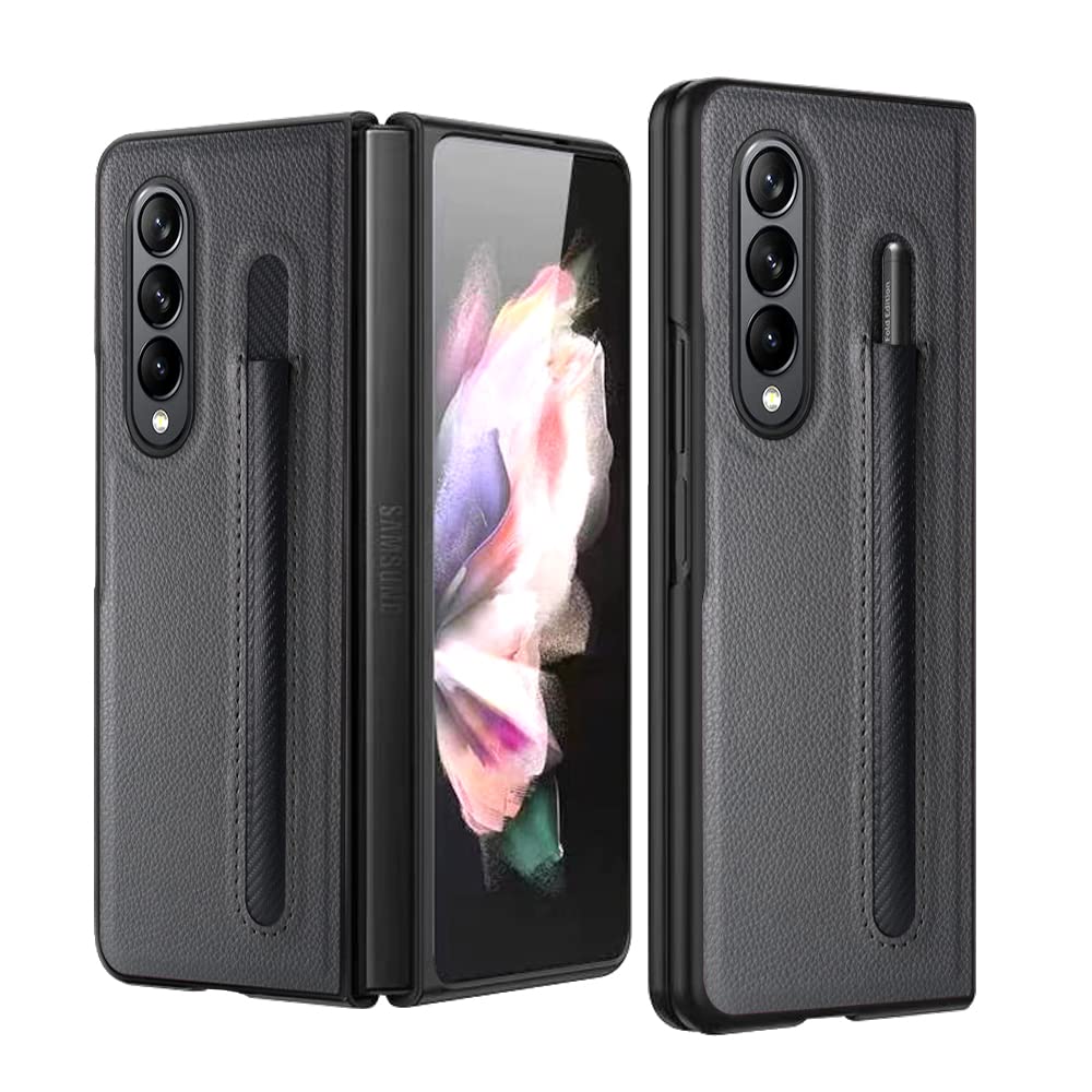 SHIEID Samsung Galaxy Z Fold 3 Case with S Pen Holder & Built-in Screen Protector | Wireless Charging Compatible | Durable Plaid Gray Cover for Work & Travel Protection