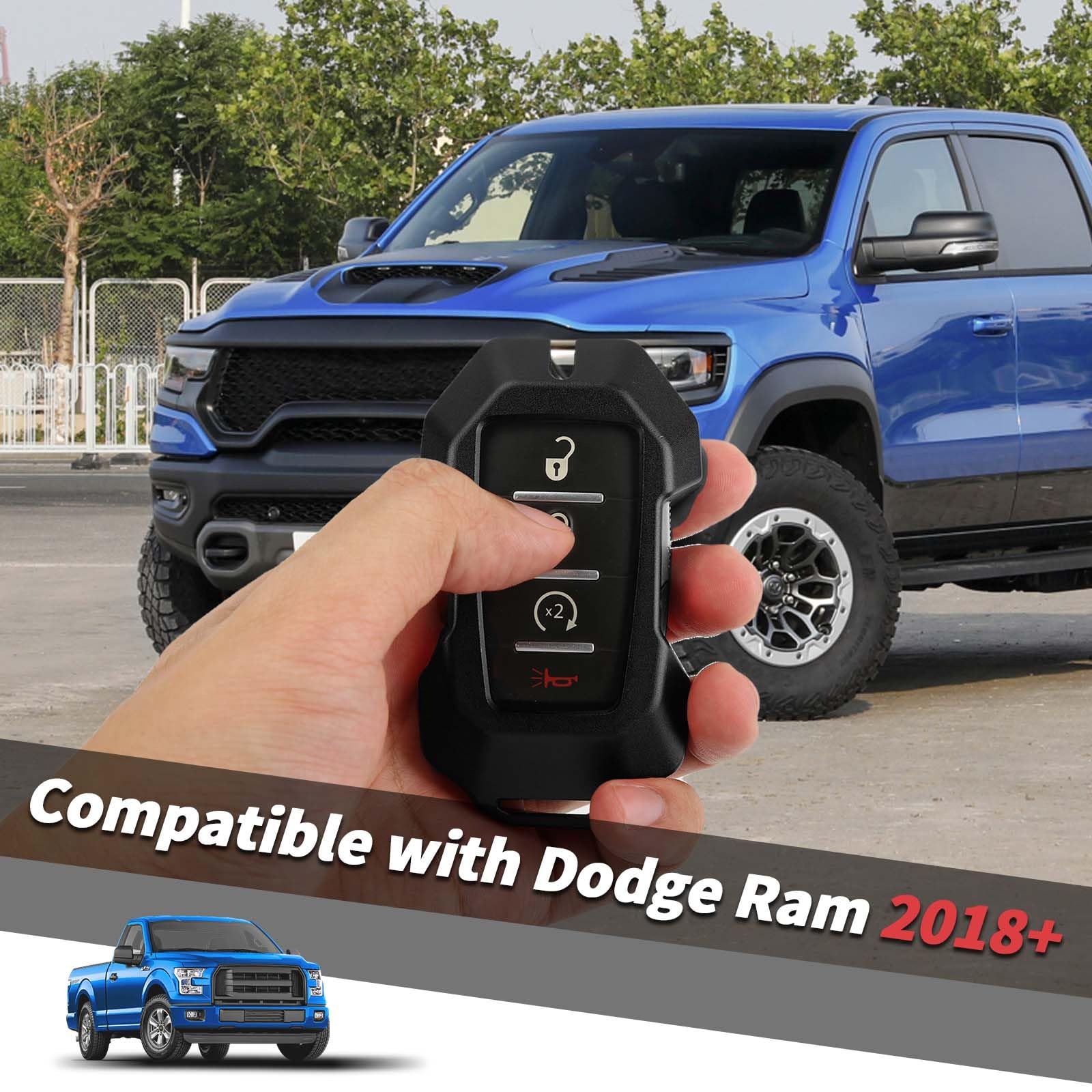Dodge Ram Key Fob Cover (2018-2023) - Aluminum Alloy Smart Key Case for Ram 1500/2500/3500 with 4 Buttons Keyless Entry - Durable Key Shell Protector (Black) | Perfect for Truck Owners & Off-Road Adventures