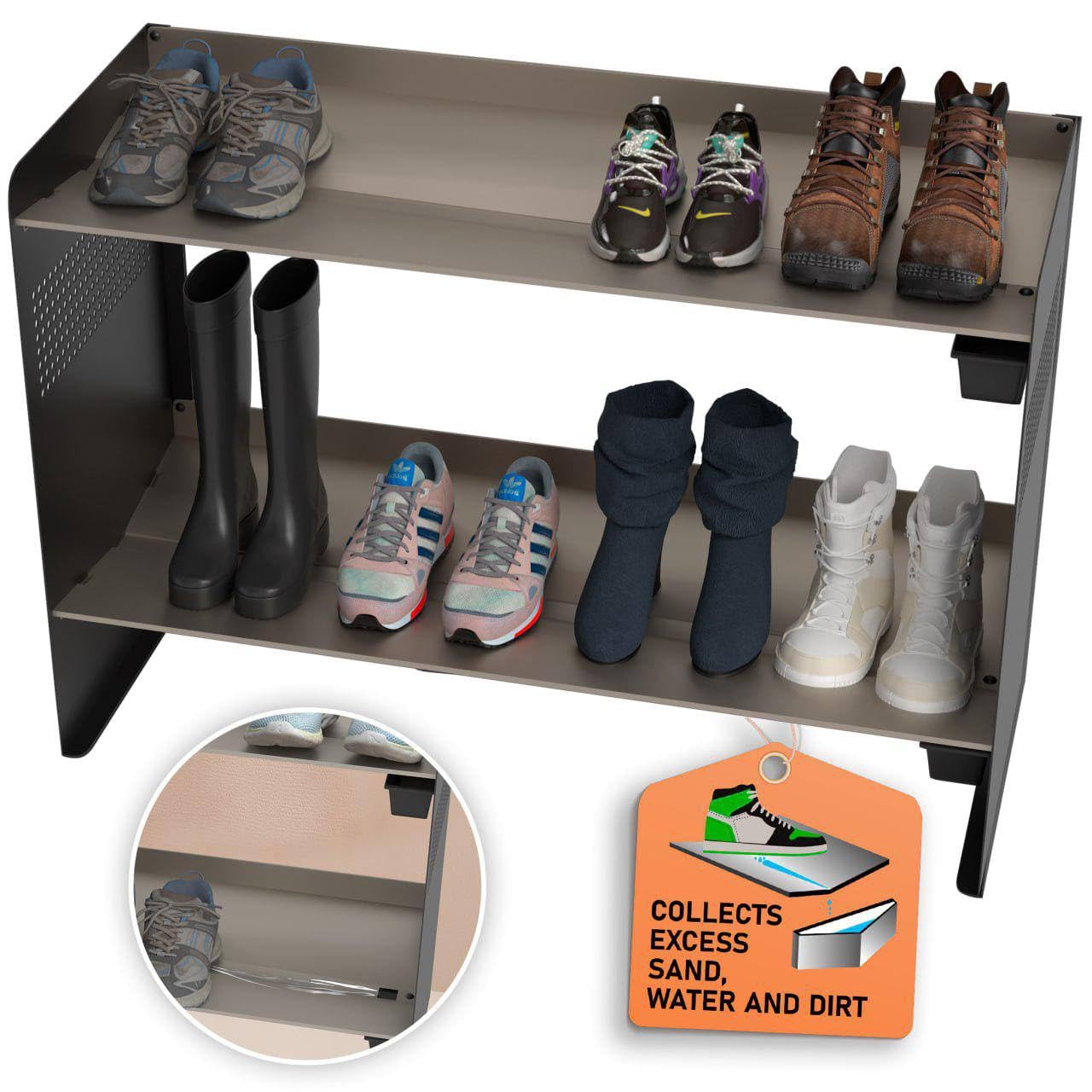 Stylish 2-Tier Metal Shoe Rack with Water & Sand Drainage - Holds 7 Pairs of Shoes - Space-Saving Vertical Shoe Organizer for Entryway, Mudroom, or Closet Storage Solution