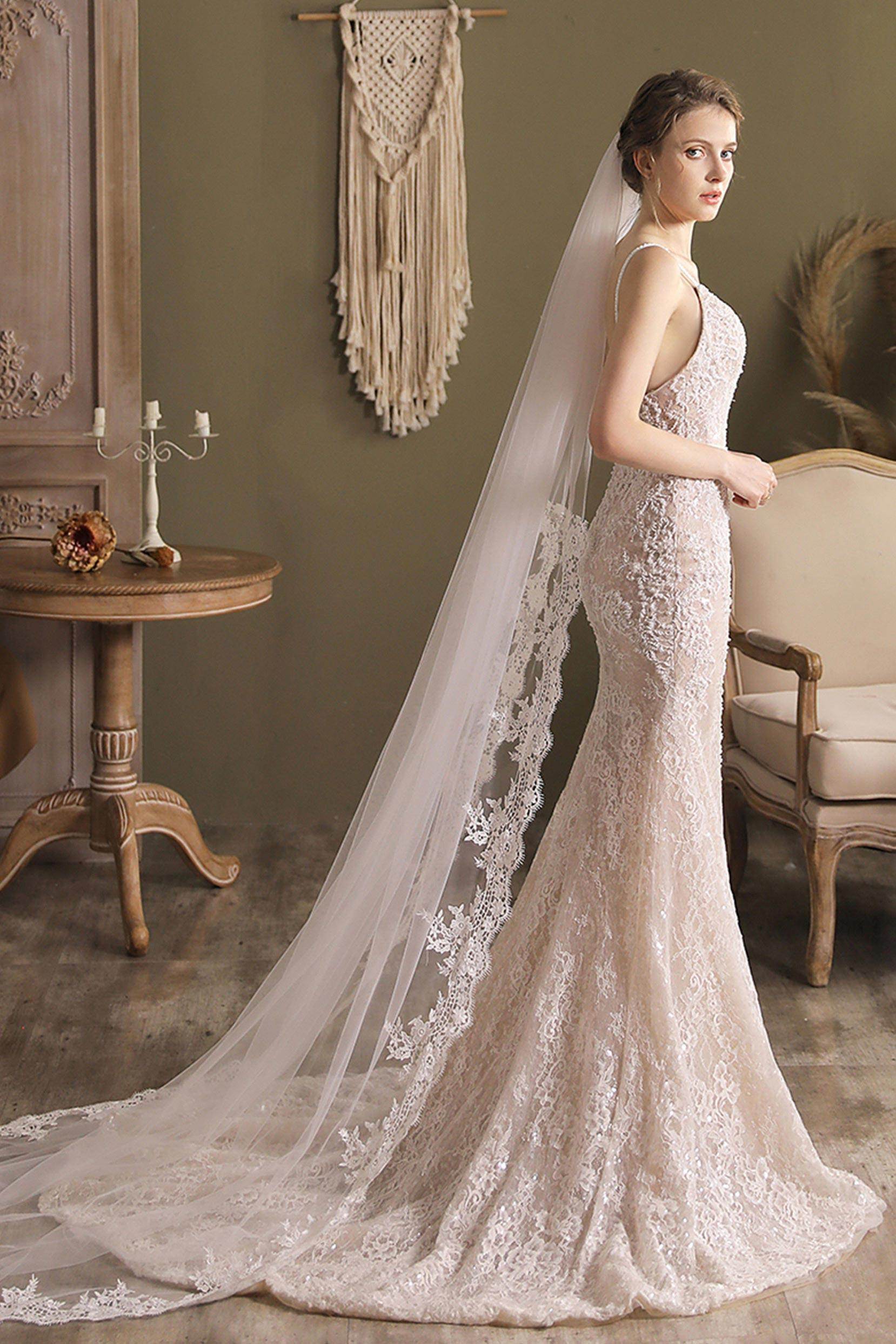 Elegant One-Tier Lace Edge Tulle Chapel Wedding Veil with Appliques CV0264 - Perfect for Bridal Ceremonies, Church Weddings & Formal Occasions