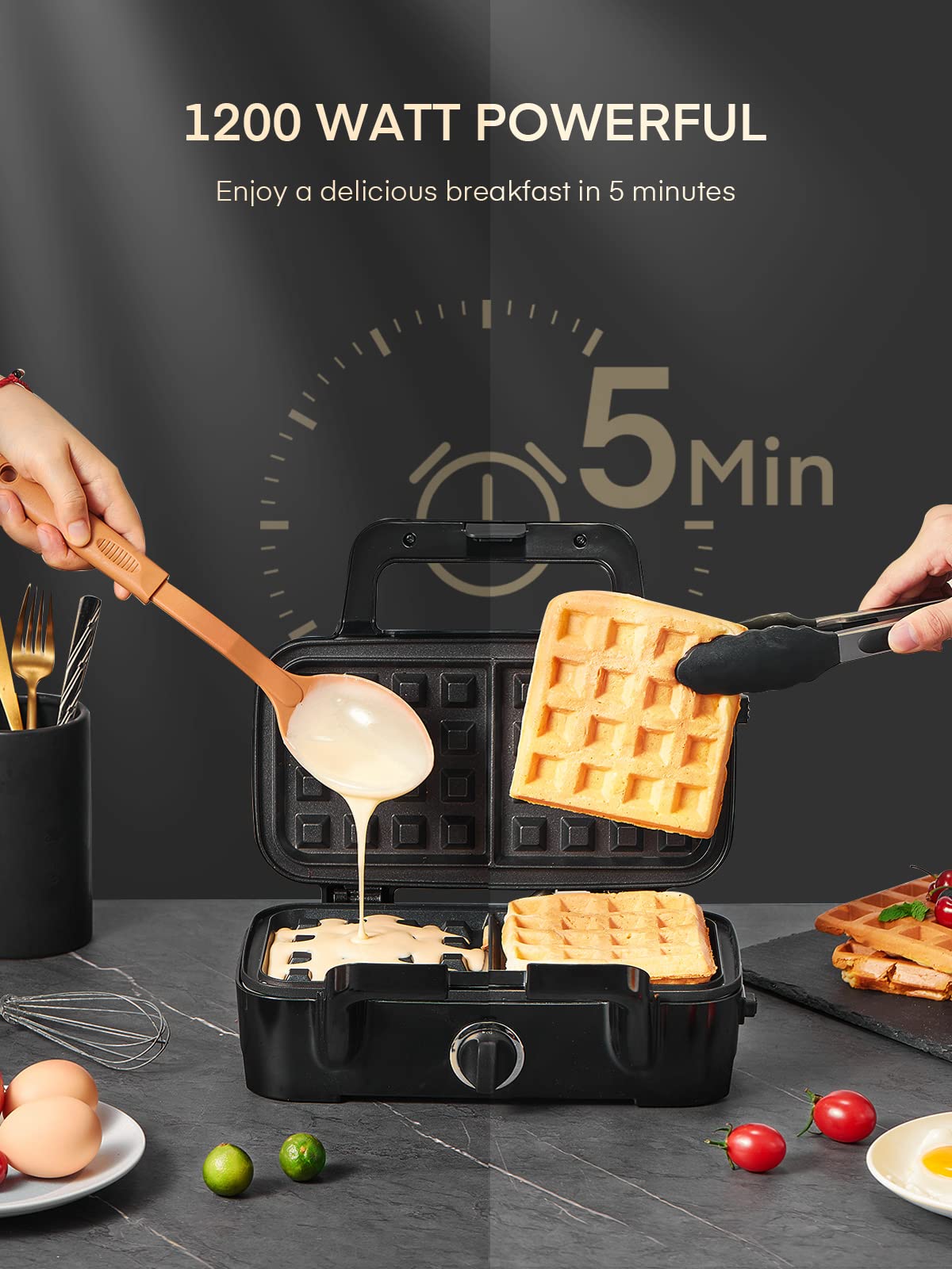 FOHERE 3-in-1 Waffle Maker & Sandwich Press | 1200W Panini Grill with Removable Non-Stick Plates, 5-Temperature Settings, Indicator Lights (Silver/Black) | Perfect for Breakfast, Brunch & Quick Snacks at Home