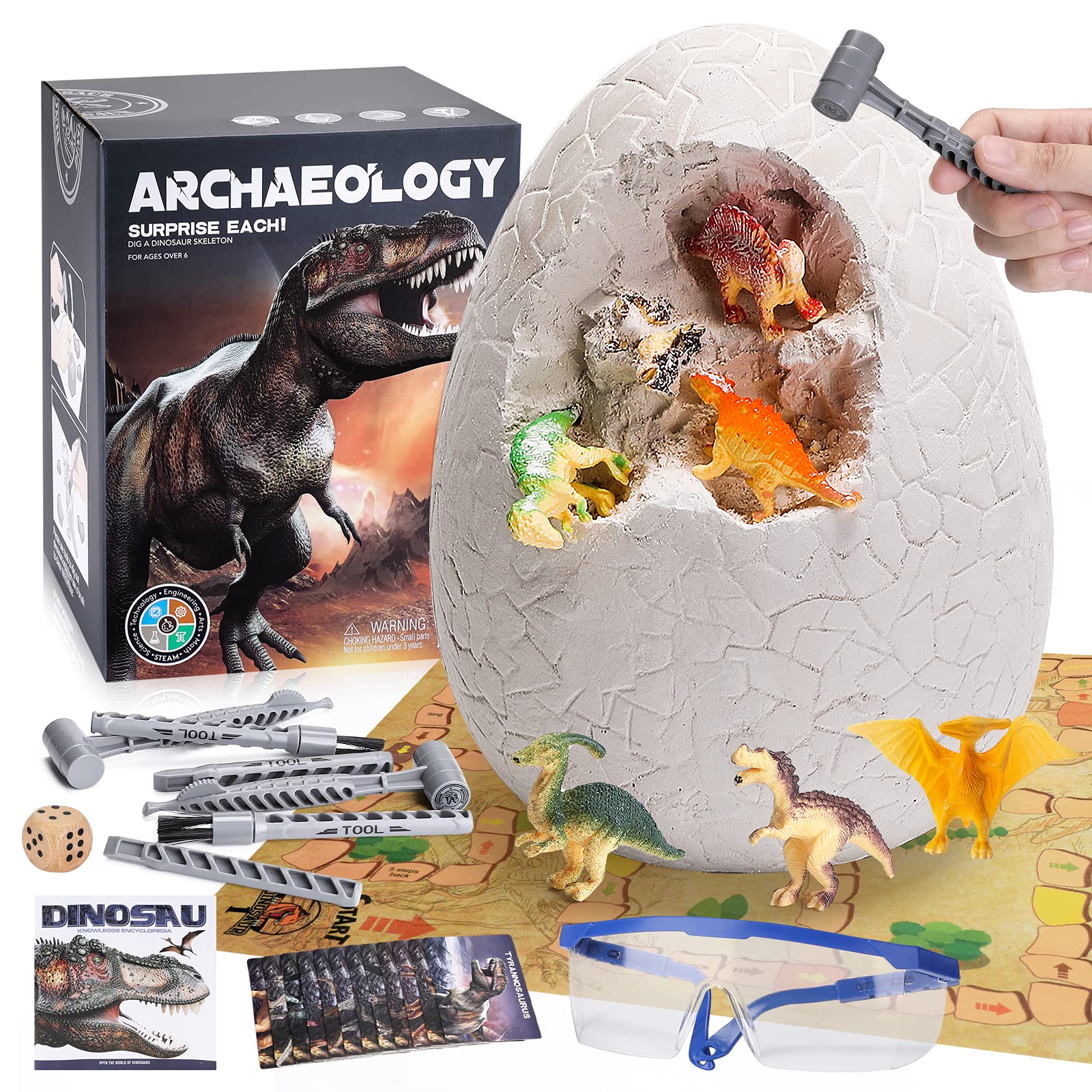 Jumbo Dino Egg Dig Kit - 12 Dinosaur Toys with Excavation Tools, STEM Educational Archaeology Set for Kids Ages 6+ | Perfect Birthday Gift for Boys & Girls | Great for Science Parties, Classroom Activities & Paleontology Learning
