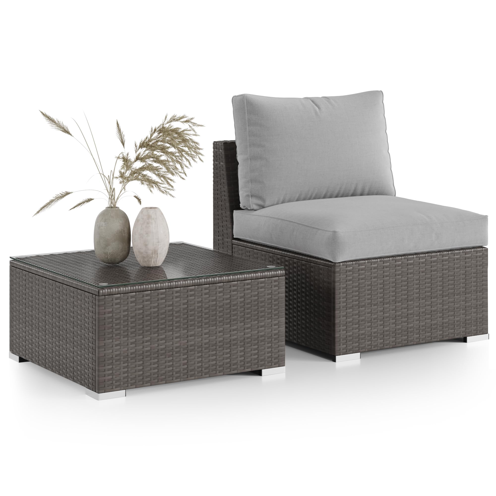 2-Piece Grey Wisteria Lane Outdoor Patio Furniture Set with Armless Sofa & Tempered Glass Table - Perfect for Garden, Backyard, Poolside & Patio Relaxation