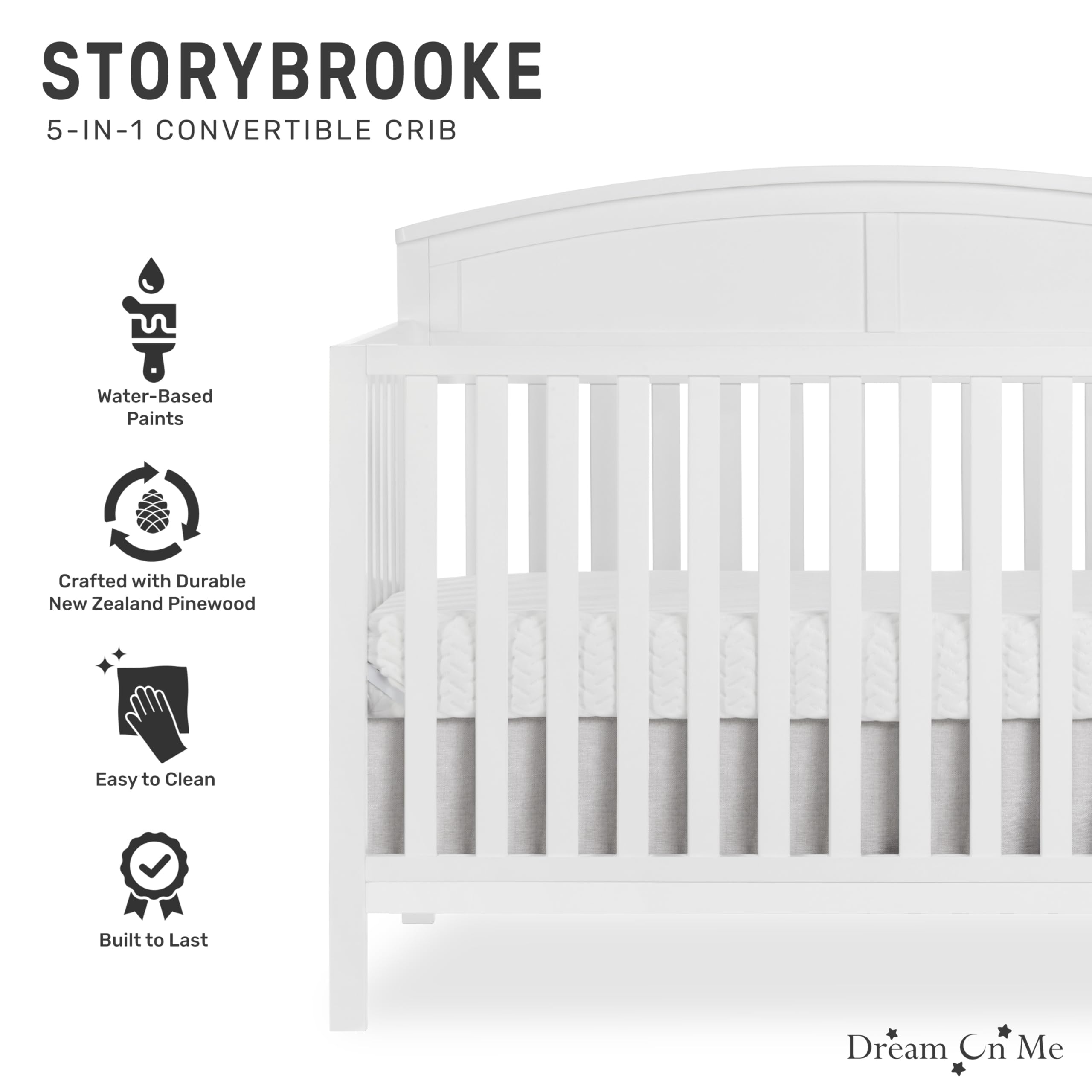 EVOLUR Dream On Me Storybrooke 5-in-1 Convertible Baby Crib - White | JPMA & Greenguard Gold Certified | Sustainable Pinewood Construction | 3 Adjustable Mattress Heights | Non-Toxic Water-Based Paint | Perfect for Nursery, Bedroom & Daycare Use