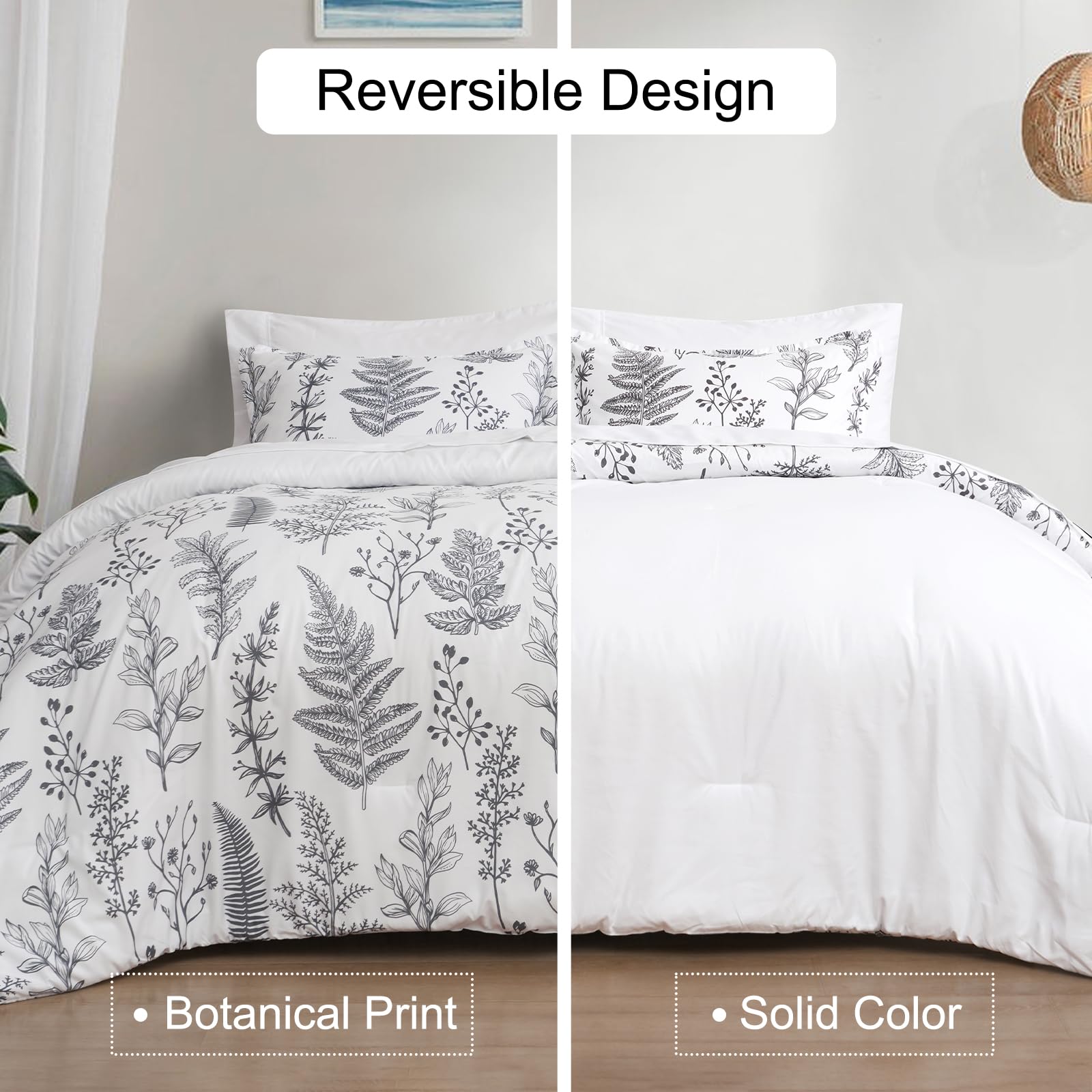 PHF 7-Piece King Comforter Set - Ultra Soft Reversible Botanical Bedding | Includes Comforter, Pillow Shams, Flat Sheet, Fitted Sheet & Pillowcases | Perfect for Master Bedroom, Guest Room & Cozy Home Decor | White