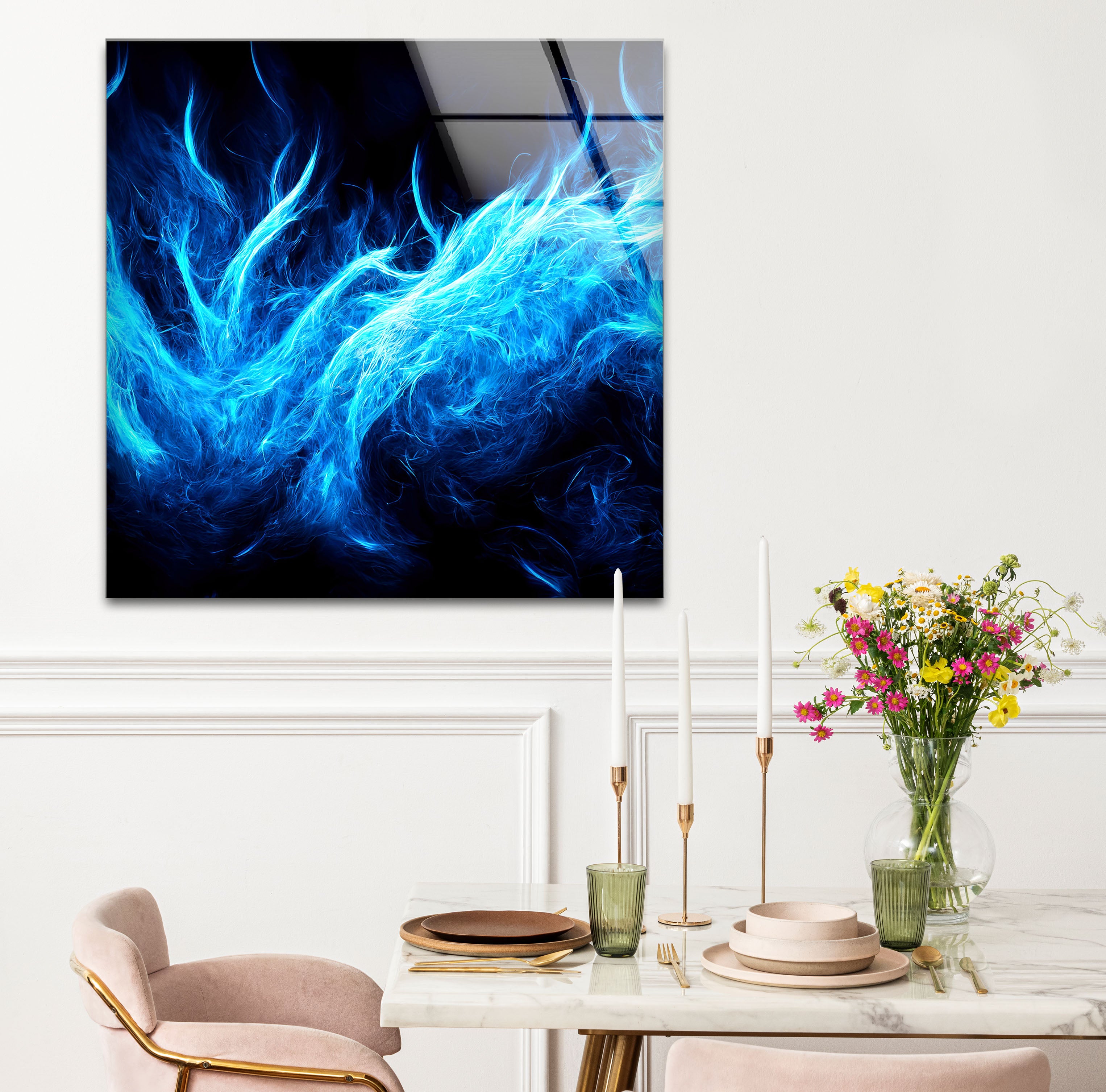 Blue Flame Abstract Glass Wall Art – Modern Home Decor with Fiery Energy | Perfect for Living Room, Bedroom & Office Spaces