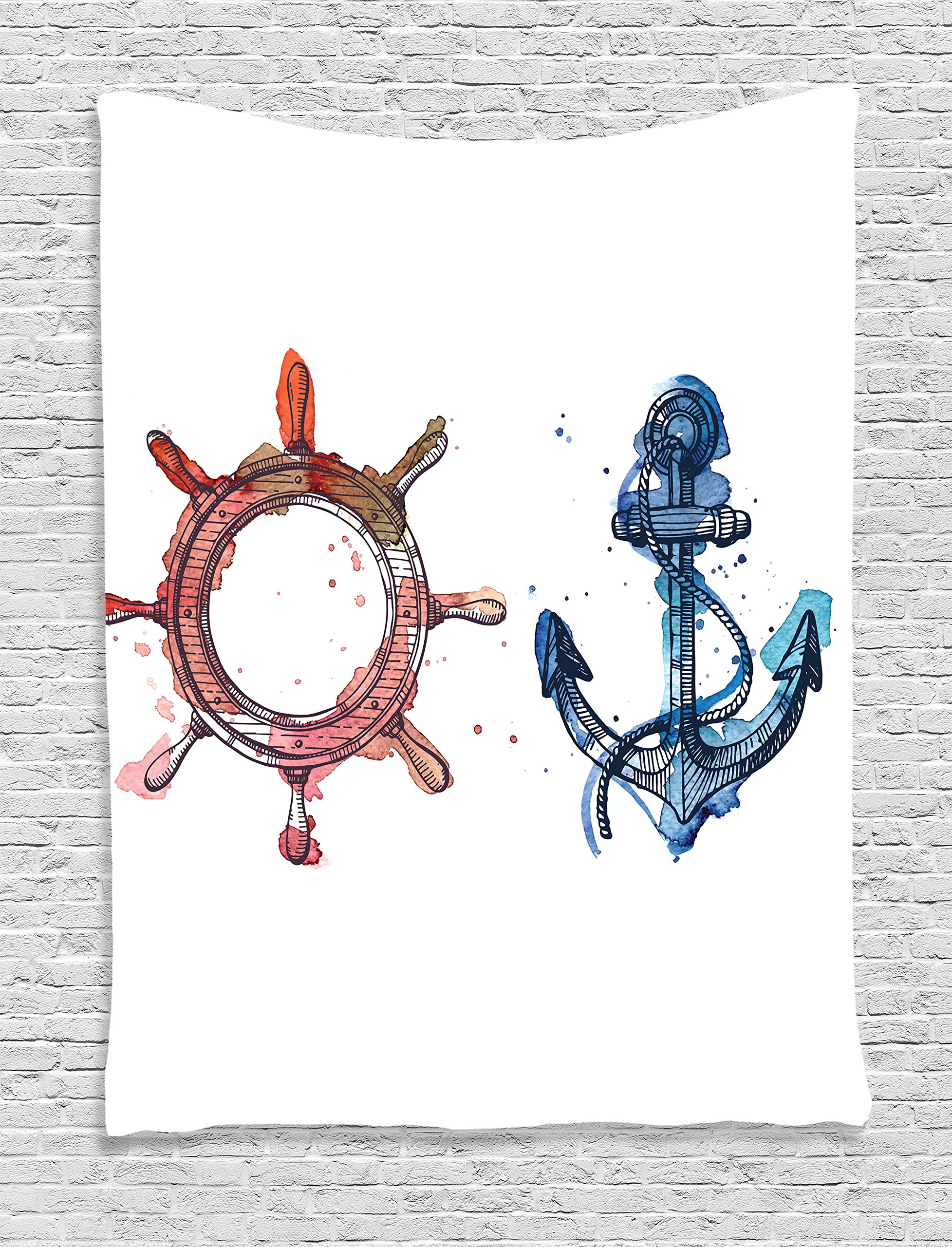 Ambesonne Nautical Wall Tapestry - Anchor & Steering Wheel Watercolor Art with Ink Brush Effects, 60x80 Inch Pink Blue Ocean Theme Decor for Bedroom, Living Room, Dorm | Perfect for Beach House, Coastal Decor & Boho Chic Interior Design