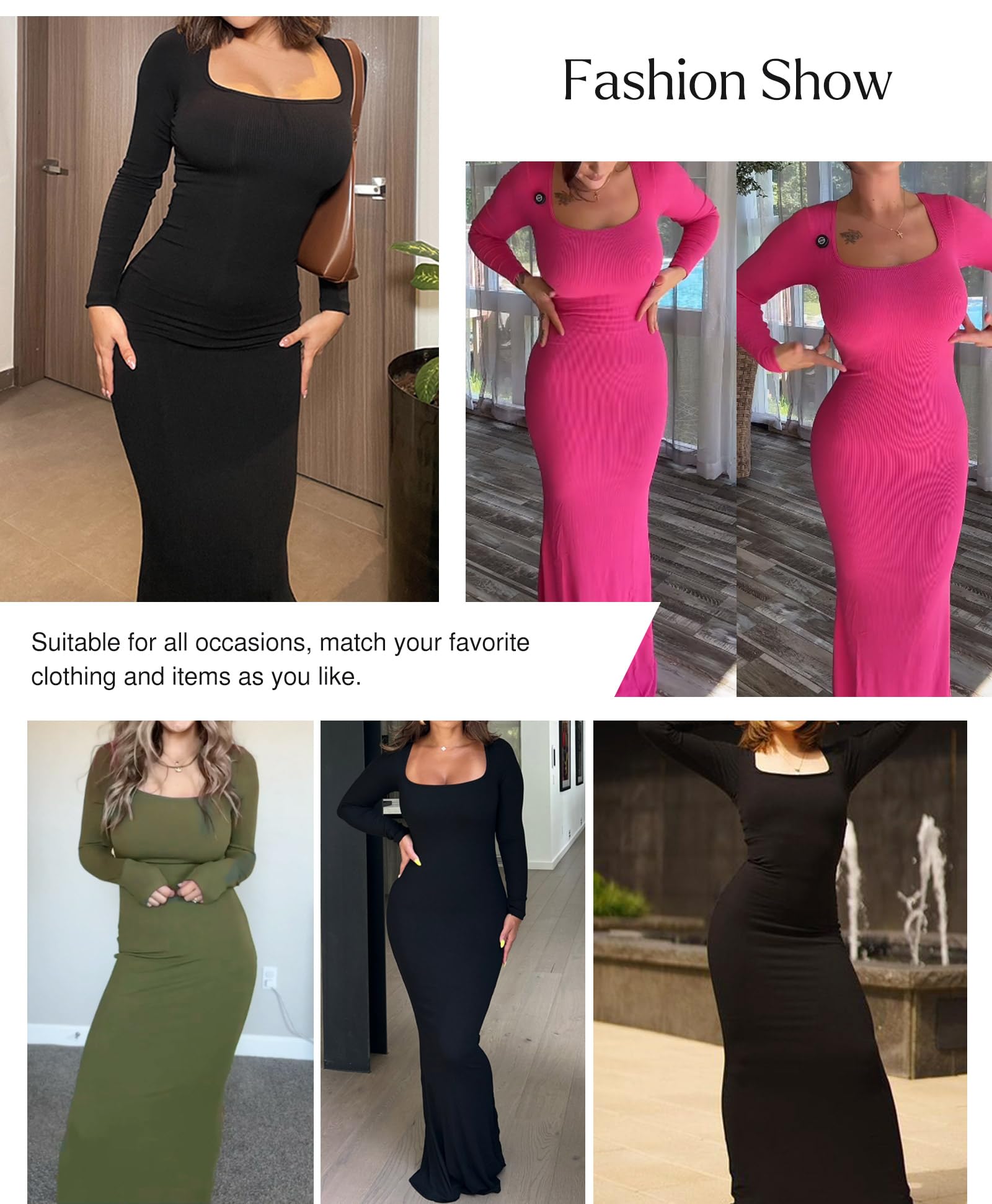 Popilush Women's Long Sleeve Bodycon Maxi Dress with Built-in Shapewear & Bra - Tummy Control Formal Cocktail Dress for Fall & Winter | Perfect for Parties, Weddings & Evening Events